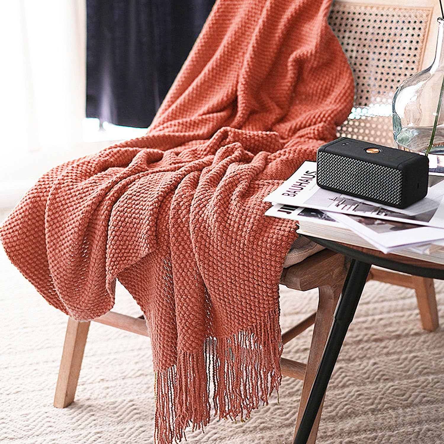 LOMAO Knitted Throw Blanket with Tassels Bubble Textured Lightweight Throws for Couch Cover Home Decor (Cream, 60x80)