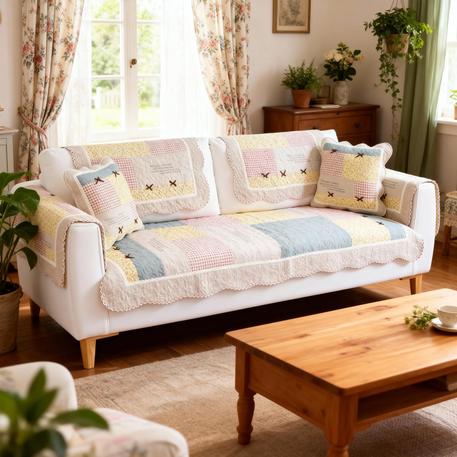 Leeva French Cream Ruffle Lace Quilted Sofa Slipcover, Beige Couch Protector & Decorative Slipcover for Living Room Cream Aesthetic Cottage Decor, Cotton-Linen Fabric, 27"x59"