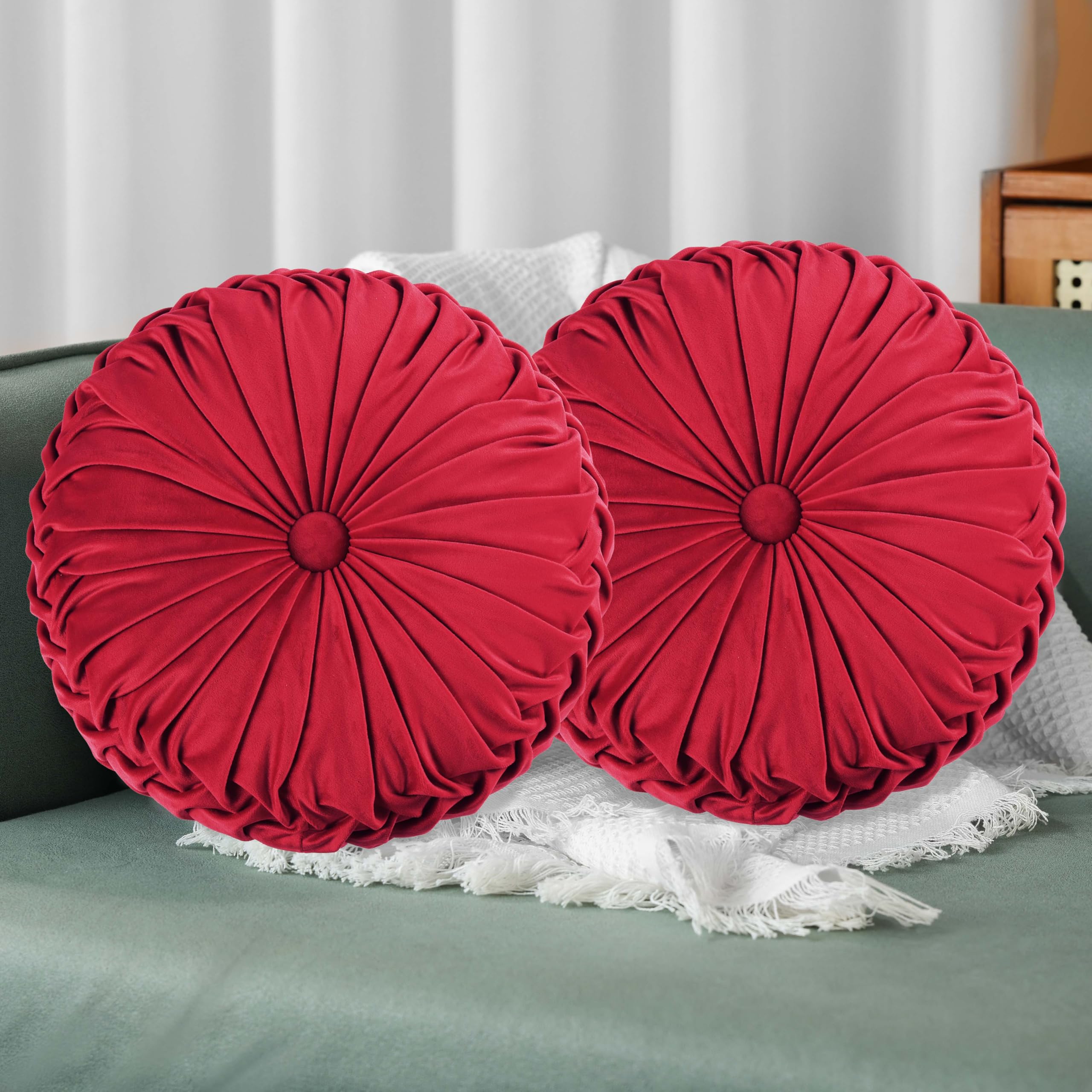 HIG Decorative Round Throw Pillows for Bed Couch -Set of 2 Handcraft Ruched Pumpkin Pillow, Soft and Durable Flannel Floor Pillow for Home Decor, Bed Living Room and Sofa (Dusty Rose,14.5"x14.5")