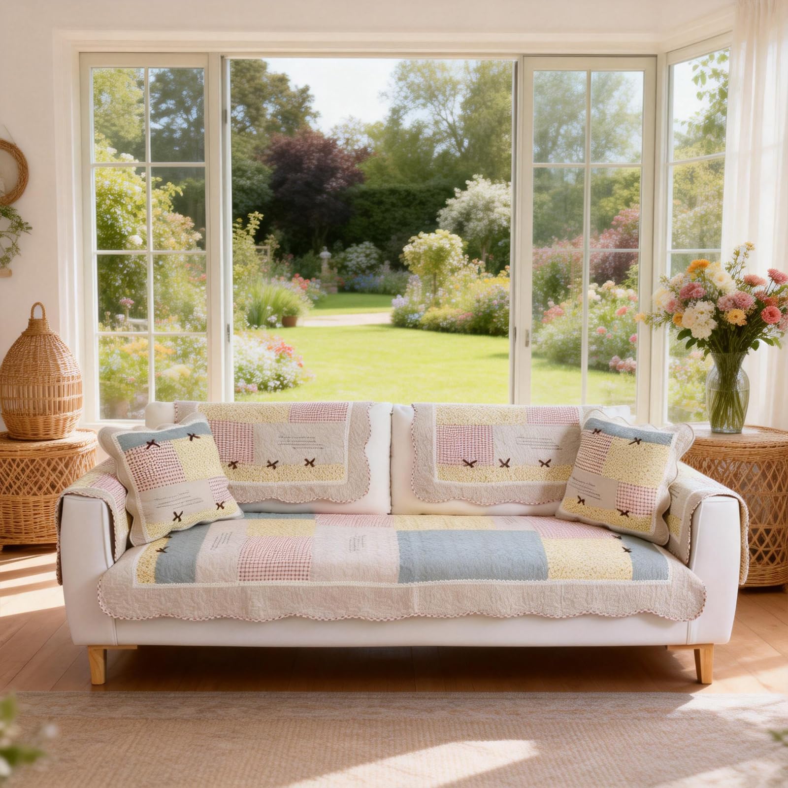 Leeva French Cream Ruffle Lace Quilted Sofa Slipcover, Beige Couch Protector & Decorative Slipcover for Living Room Cream Aesthetic Cottage Decor, Cotton-Linen Fabric, 27"x59"
