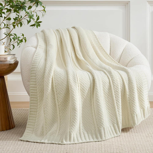 Amélie Home Premium Chenille Throw Blanket, Soft Cozy Moss Stitch Knit Blanket for Couch, Sofa, Chair, Home Decor, Cream White 50"x60"