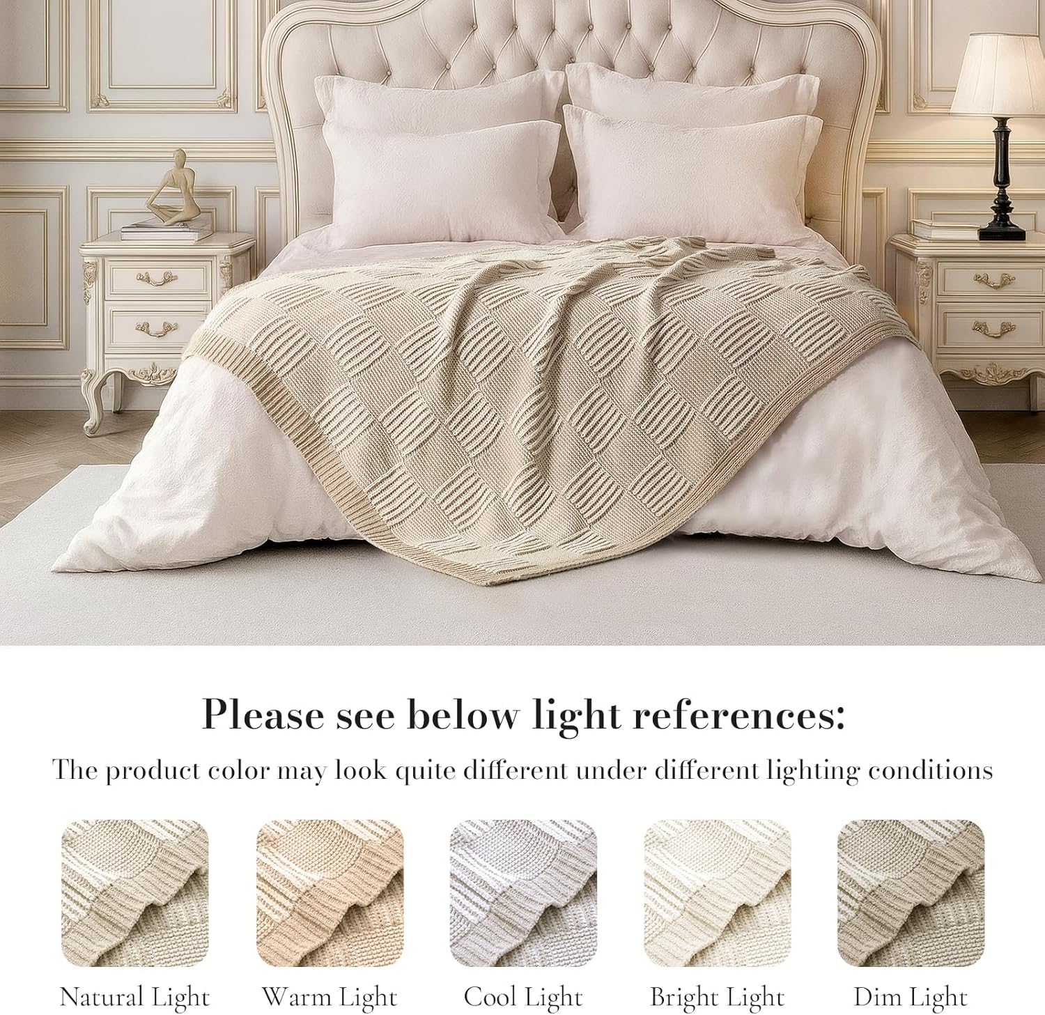 Amélie Home Knit Throw Blanket, Soft Chenille Cozy Breathable Dual Tone Checkered Chunky Decorative Blanket for Couch, Bed & Sofa, French-Inspired Lightweight Warm Gift for Women, Beige, 50"x60"