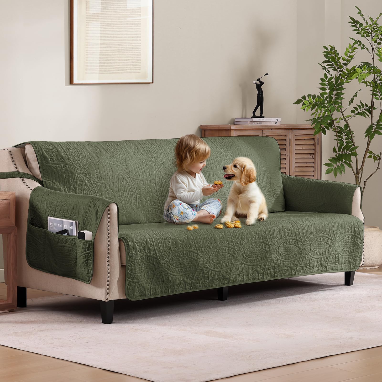 Quilted Sofa Slipcovers with Pockets, Anti-Slip Medallion Designed Couch Covers for 3 Cushion Sofa, Couch Cover for Dogs Cats Water-Repellent Machine Washable (Large Sofa 68", Ivory White)