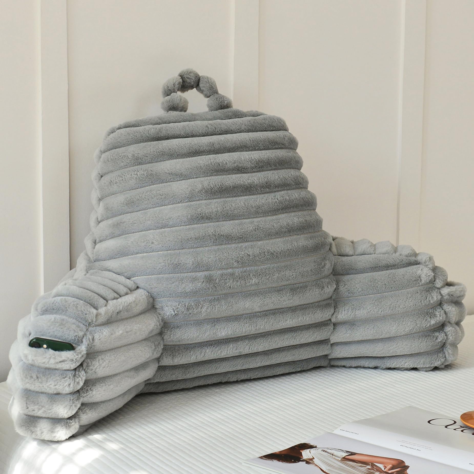 Fluffy Reading Pillow for Sitting in Bed, Large Backrest Bed Pillow with Arms, Back Support Pillow for Lounging Bedrest, Beige