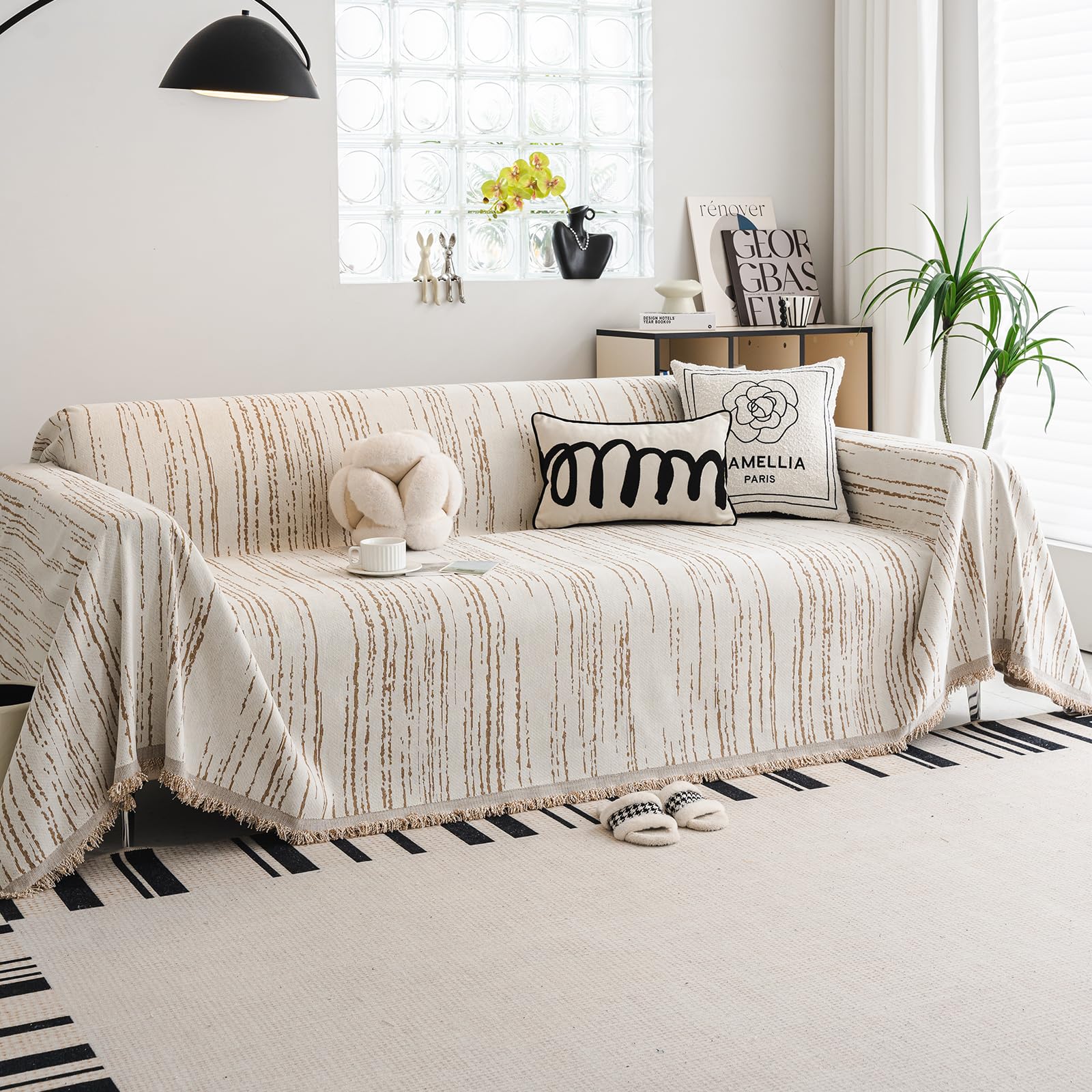 WEYOND Boho Couch Cover Sofa Covers Washable, Chenille Couch Covers for 3 Cushion Couch Sofa Pet Friendly, Bohemian Sofa Slipcovers for Sectional Sofa, Loveseat, 2 3 4 Seater (71" x 102", Khaki)