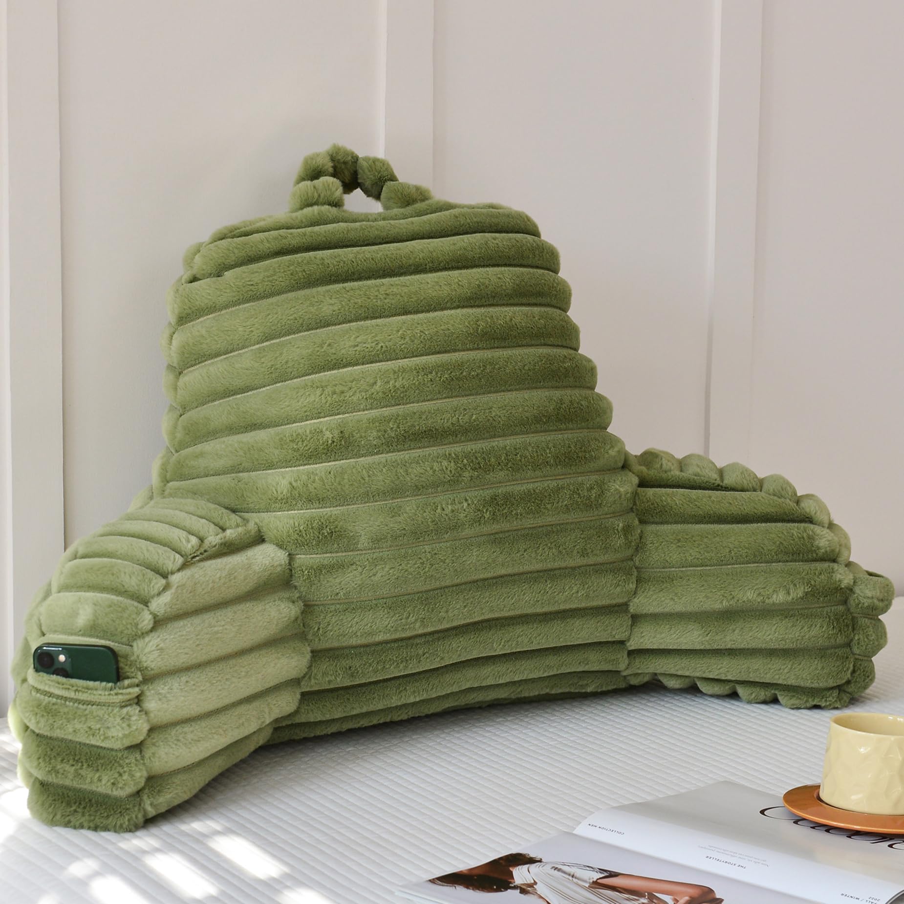 Fluffy Reading Pillow for Sitting in Bed, Large Backrest Bed Pillow with Arms, Back Support Pillow for Lounging Bedrest, Beige