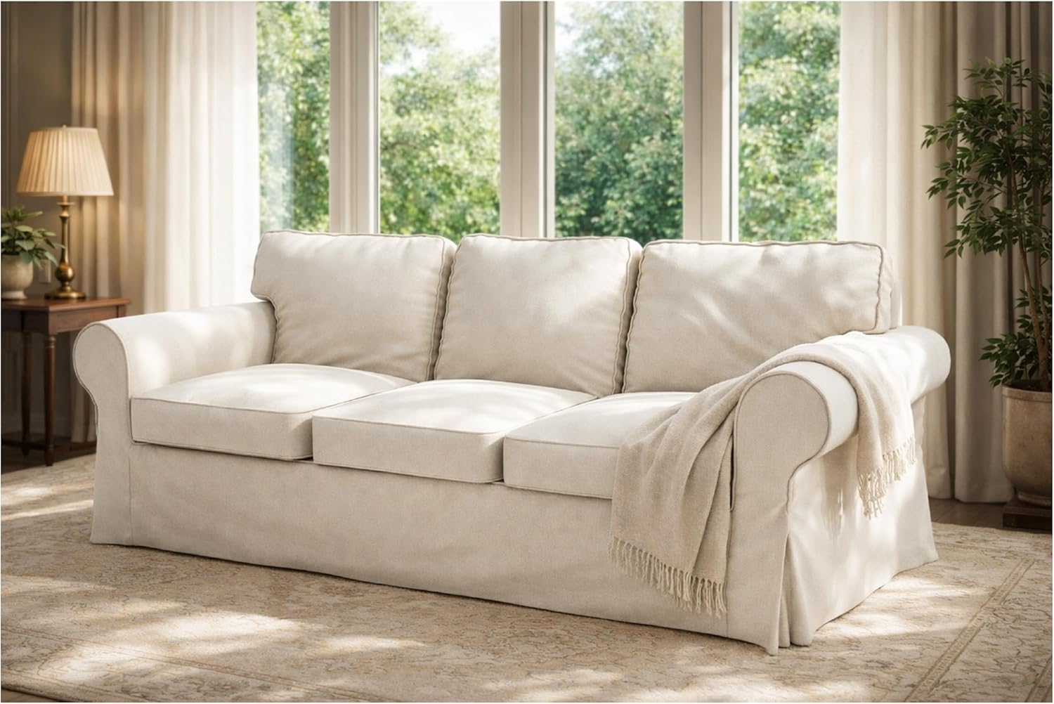 Heavy Duty Polyester Sofa Cover Only Replacement Compatible with IKEA Ektorp 3 Seat Sofa, Loveseat, Armchair, Sectional Corner, Chaise or Footstool Ektorp Slipcover (Beige Flax Polyester 3)
