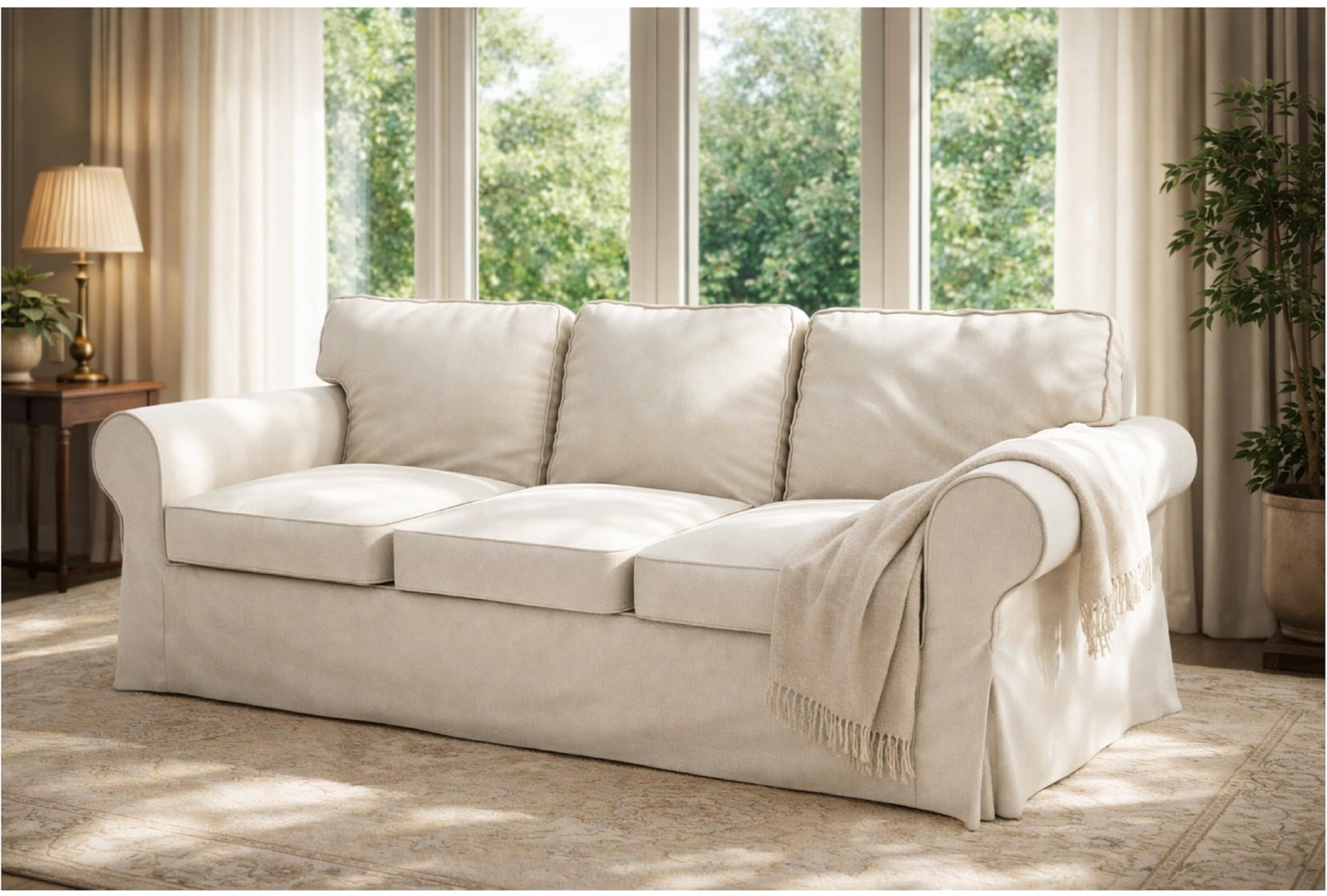 Heavy Duty Polyester Sofa Cover Only Replacement Compatible with IKEA Ektorp 3 Seat Sofa, Loveseat, Armchair, Sectional Corner, Chaise or Footstool Ektorp Slipcover (Beige Flax Polyester 3)