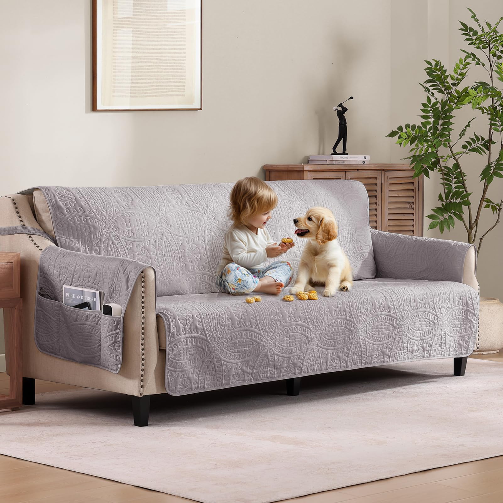 Quilted Sofa Slipcovers with Pockets, Anti-Slip Medallion Designed Couch Covers for 3 Cushion Sofa, Couch Cover for Dogs Cats Water-Repellent Machine Washable (Large Sofa 68", Ivory White)