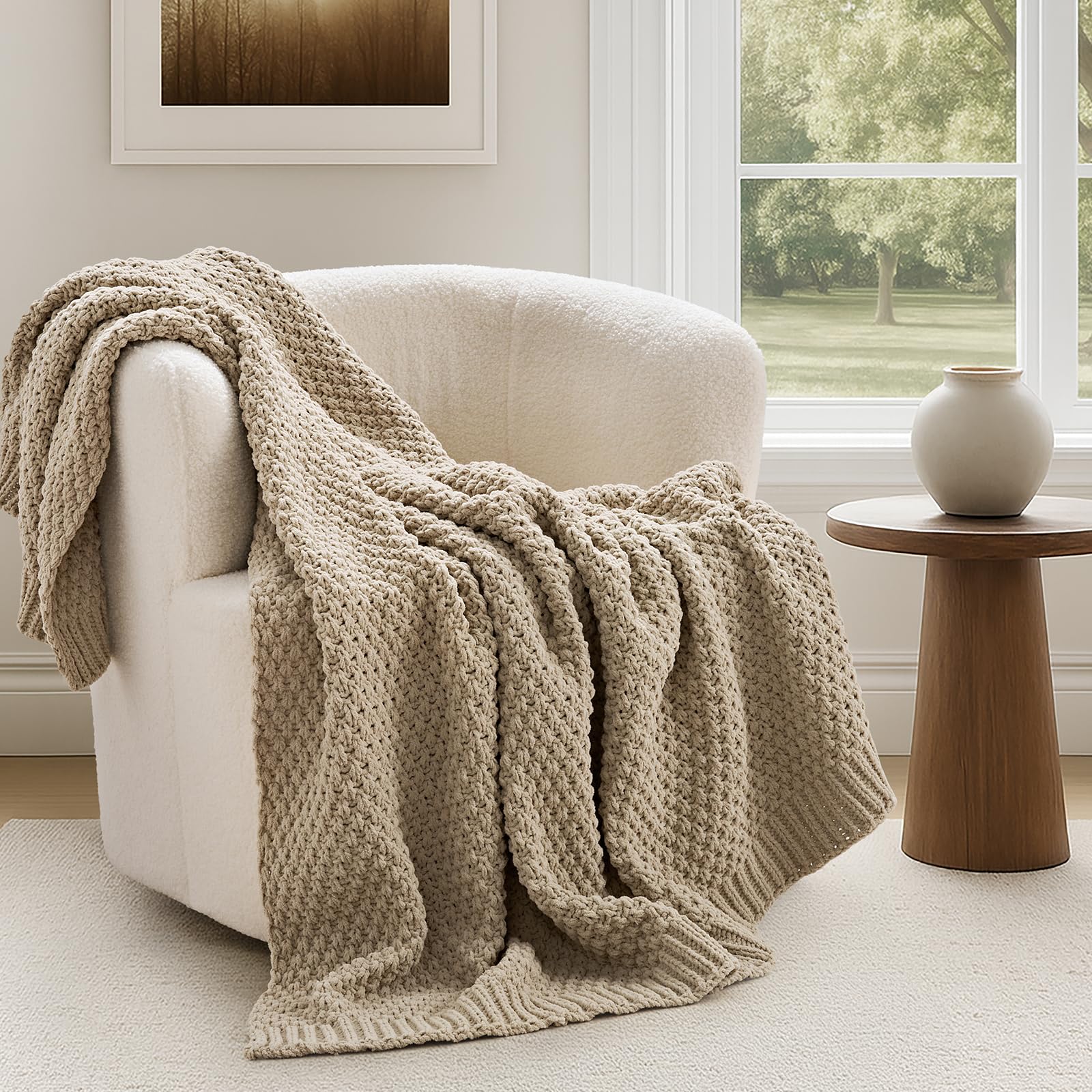 EVERGRACEHOME Chunky Chenille Knit Throw Blanket for Couch, Soft Luxurious Moss Stitch Blankets for Bed, Cozy Decorative Farmhouse Knitted Throws for Sofa, Stormy Blue, 60" x 80"