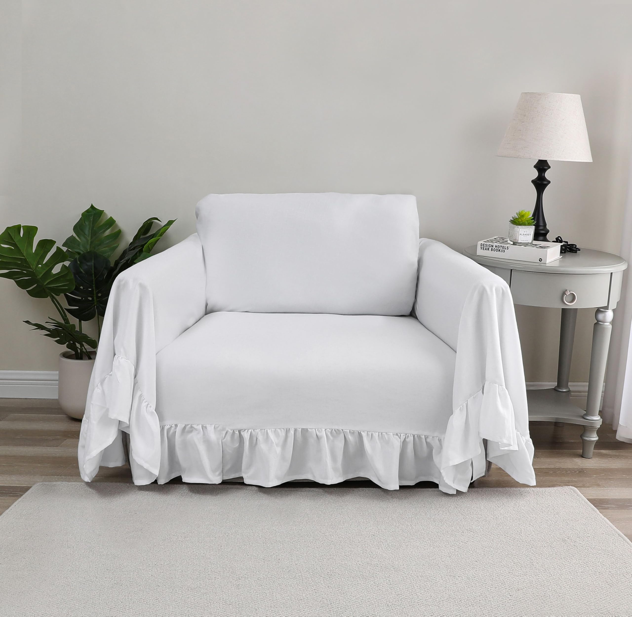 Rustic Linen Sofa Cover with Tie Strings, Full Couch Protector Durable Throw Slipcover Ruffled Edge (White, Large Sofa)