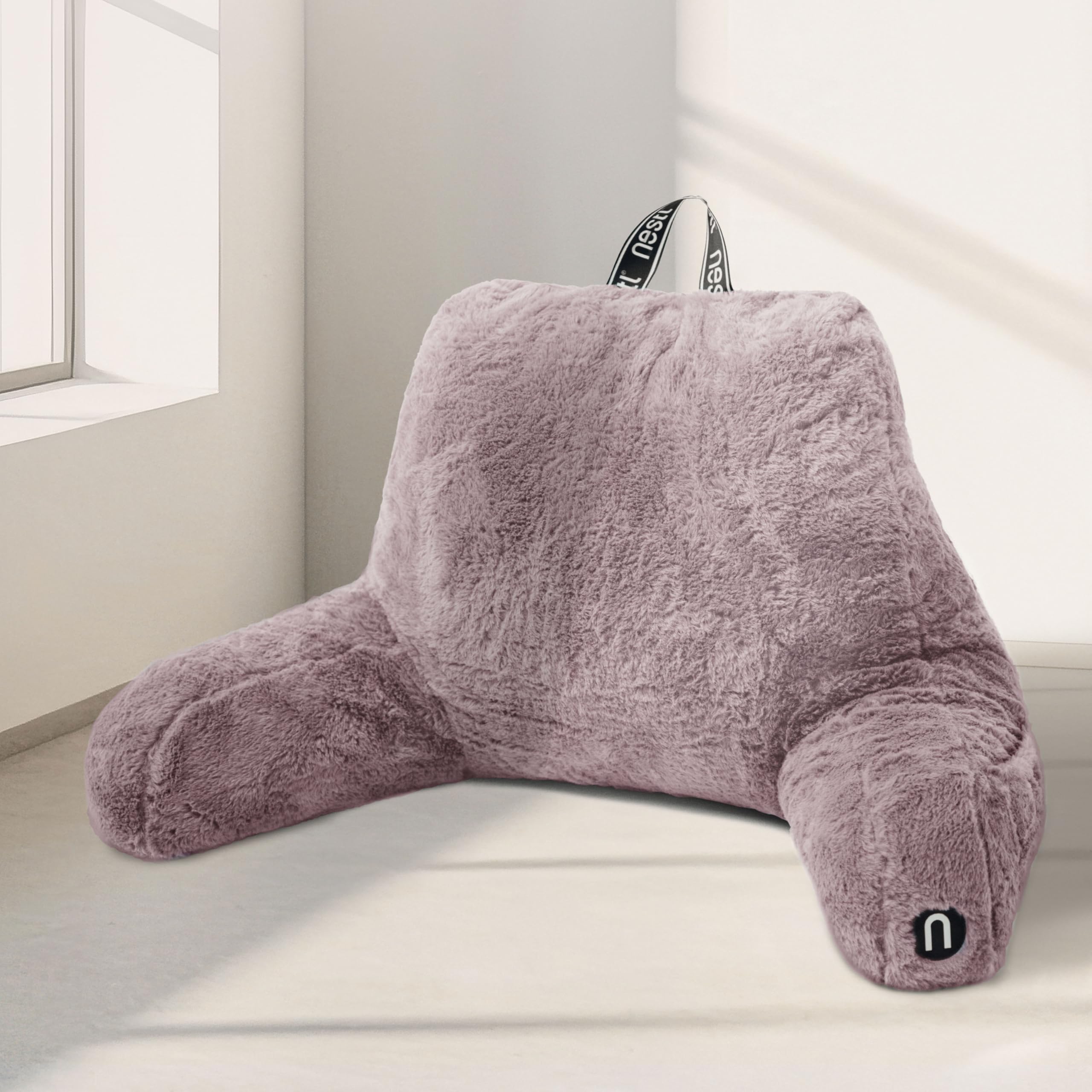 Nestl Fur Reading Pillow, Stylish Back Pillow for Bed Sitting Up, Faux Fur Bed Chair Pillow with Arms, Reading Pillows for Sitting in Bed Adult & Kids, Sit Up Back Support Pillow for Bed Rest - Linen
