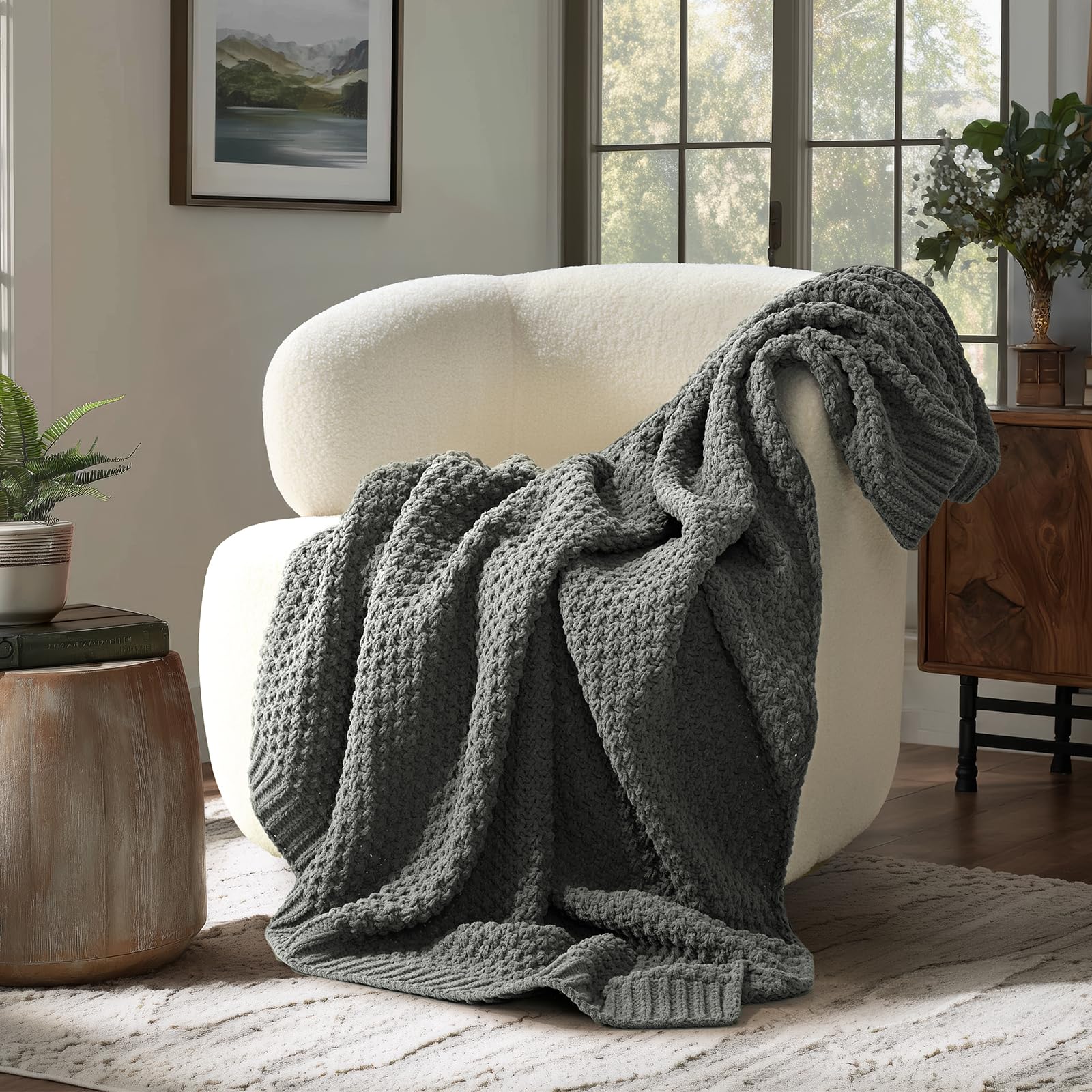 EVERGRACEHOME Chunky Chenille Knit Throw Blanket for Couch, Soft Luxurious Moss Stitch Blankets for Bed, Cozy Decorative Farmhouse Knitted Throws for Sofa, Stormy Blue, 60" x 80"
