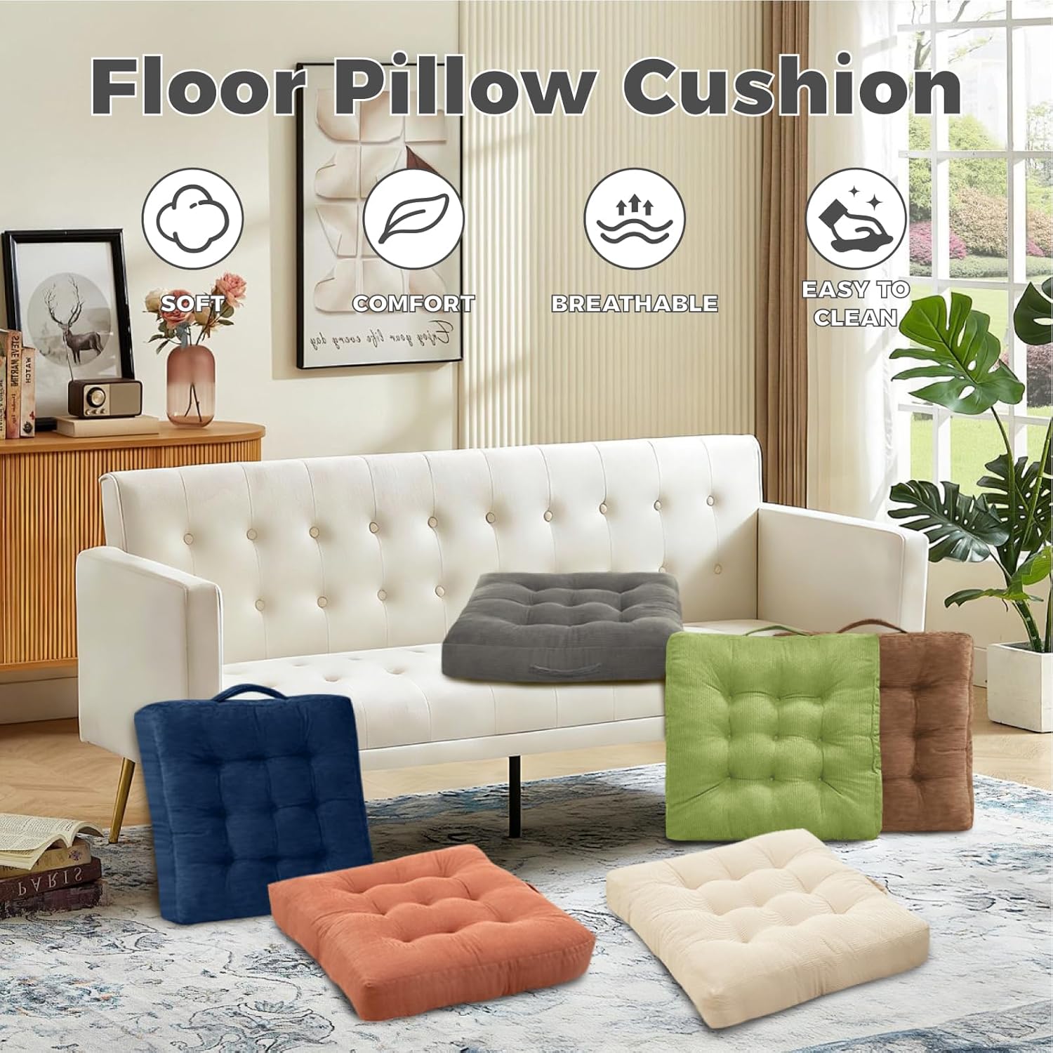 Set of 2 Beige Tufted Velvet Floor Seat Cushions 18×18 Inch, Washable Portable Chair Pads with Handle