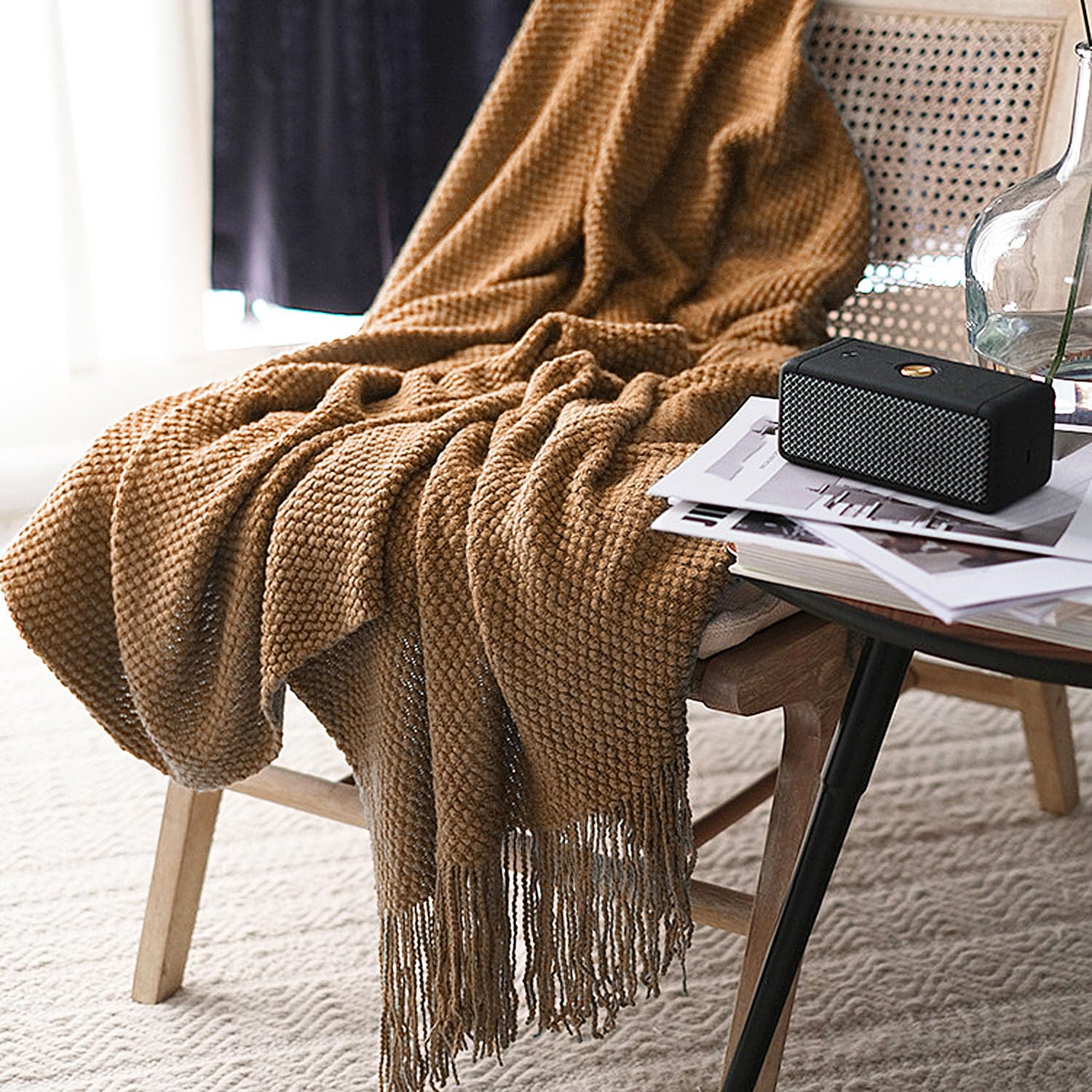 LOMAO Knitted Throw Blanket with Tassels Bubble Textured Lightweight Throws for Couch Cover Home Decor (Cream, 60x80)