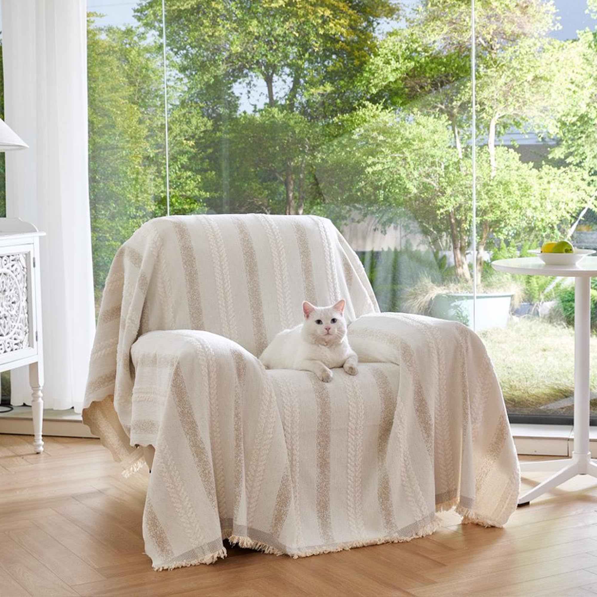 Washable Non-Slip Striped Dog Sofa Cover for 2-Seat Couch, Beige 71×118