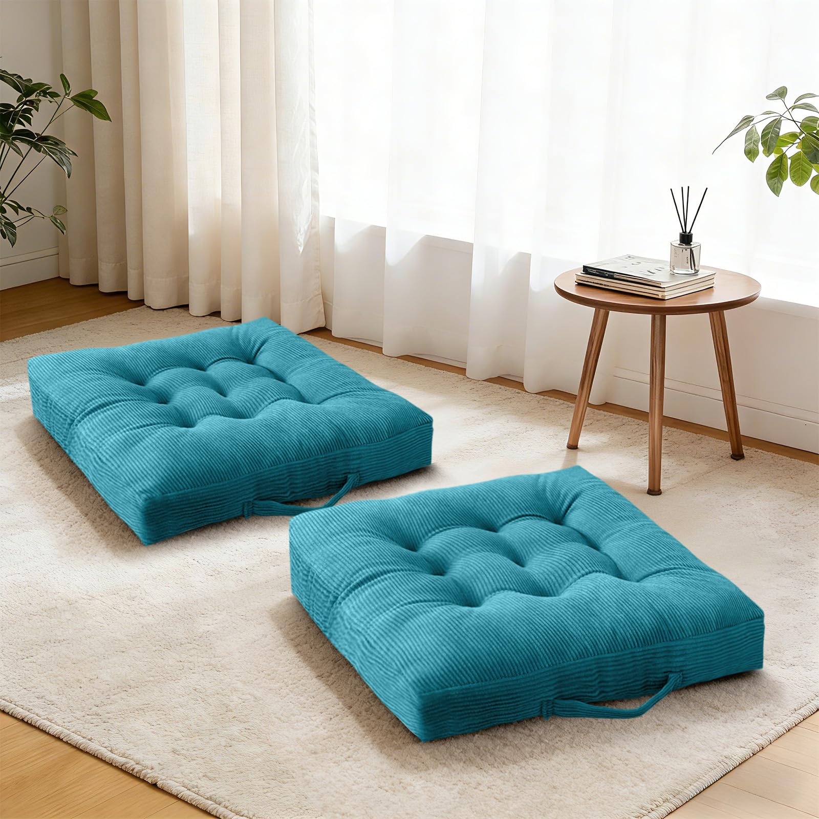 Set of 2 Beige Tufted Velvet Floor Seat Cushions 18×18 Inch, Washable Portable Chair Pads with Handle