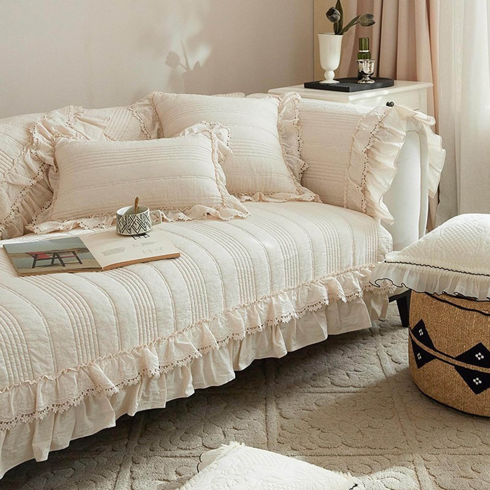 Leeva French Cream Ruffle Lace Quilted Sofa Slipcover, Beige Couch Protector & Decorative Slipcover for Living Room Cream Aesthetic Cottage Decor, Cotton-Linen Fabric, 27"x59"