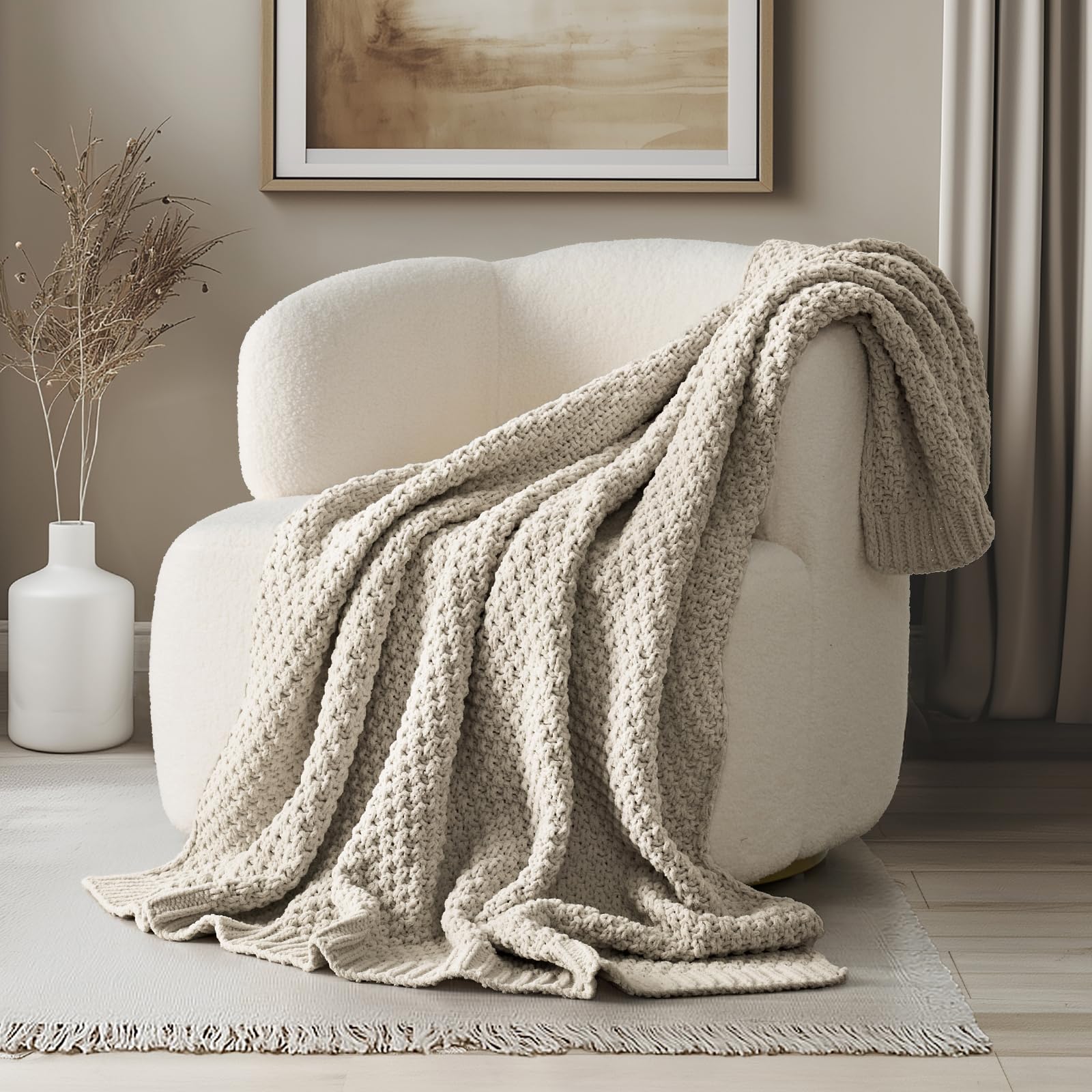 EVERGRACEHOME Chunky Chenille Knit Throw Blanket for Couch, Soft Luxurious Moss Stitch Blankets for Bed, Cozy Decorative Farmhouse Knitted Throws for Sofa, Stormy Blue, 60" x 80"