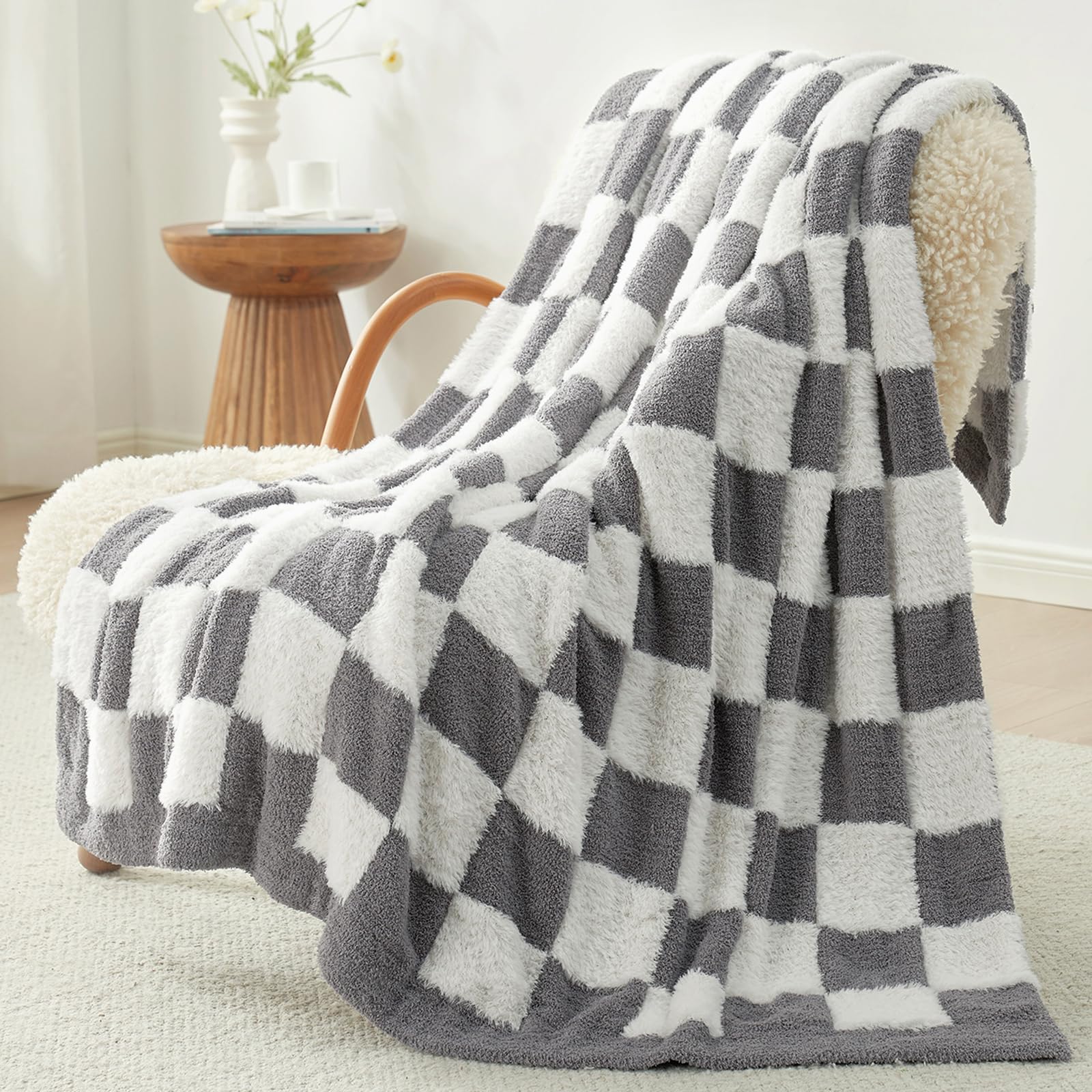Snuggle Sac Sage Green Checkered Throw Blanket Faux Fur Knitted with Microfiber Yarn, Cozy Soft Warm Spring Blankets for Couch,Sofa,Bedroom,Sage Green Checker,50x60 inches