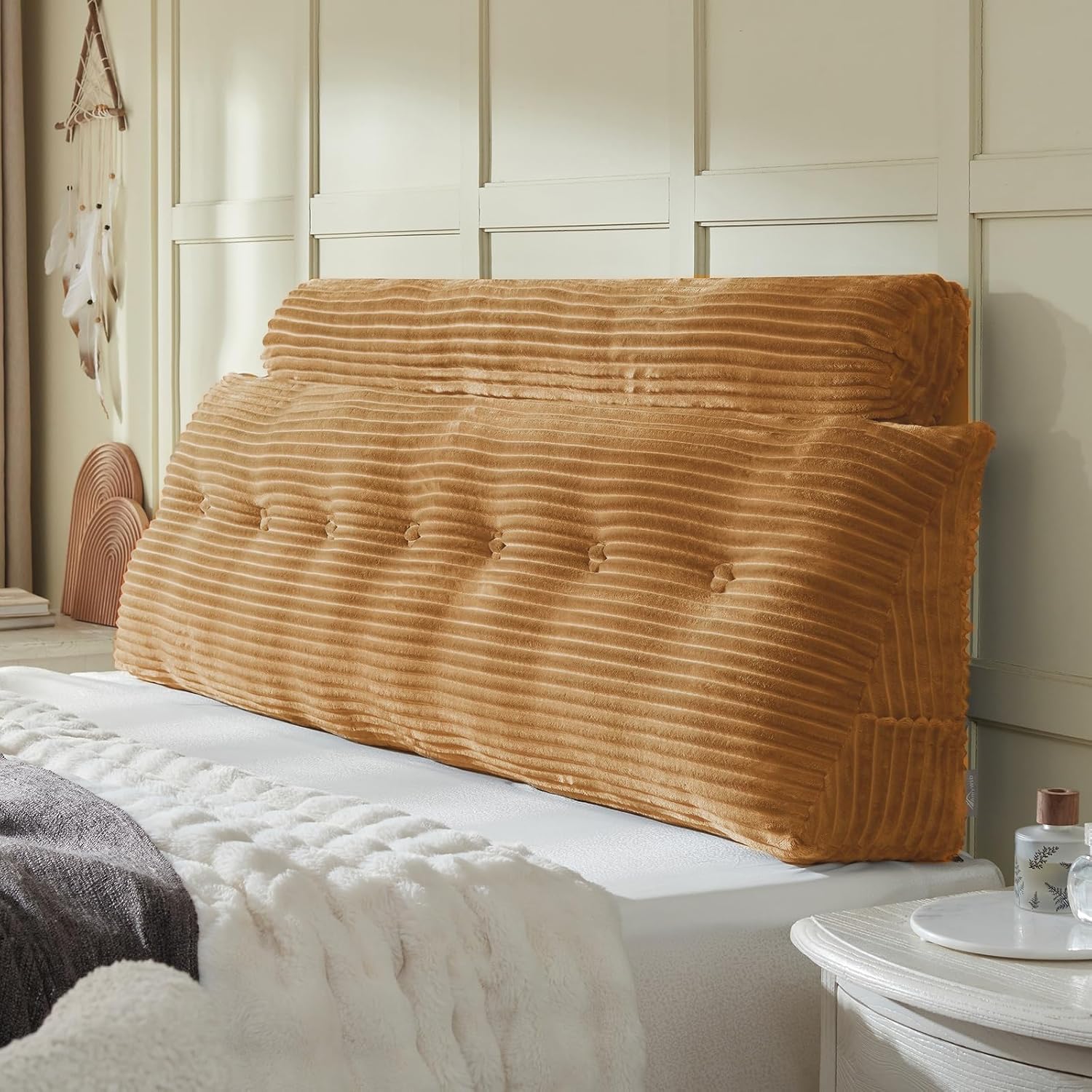 Headboard Wedge Pillow + A Long Neck Roll Pillow Body Pillow，Large Headboard Pillow with Removable Cover (Brown, King：76x8x20 inches)