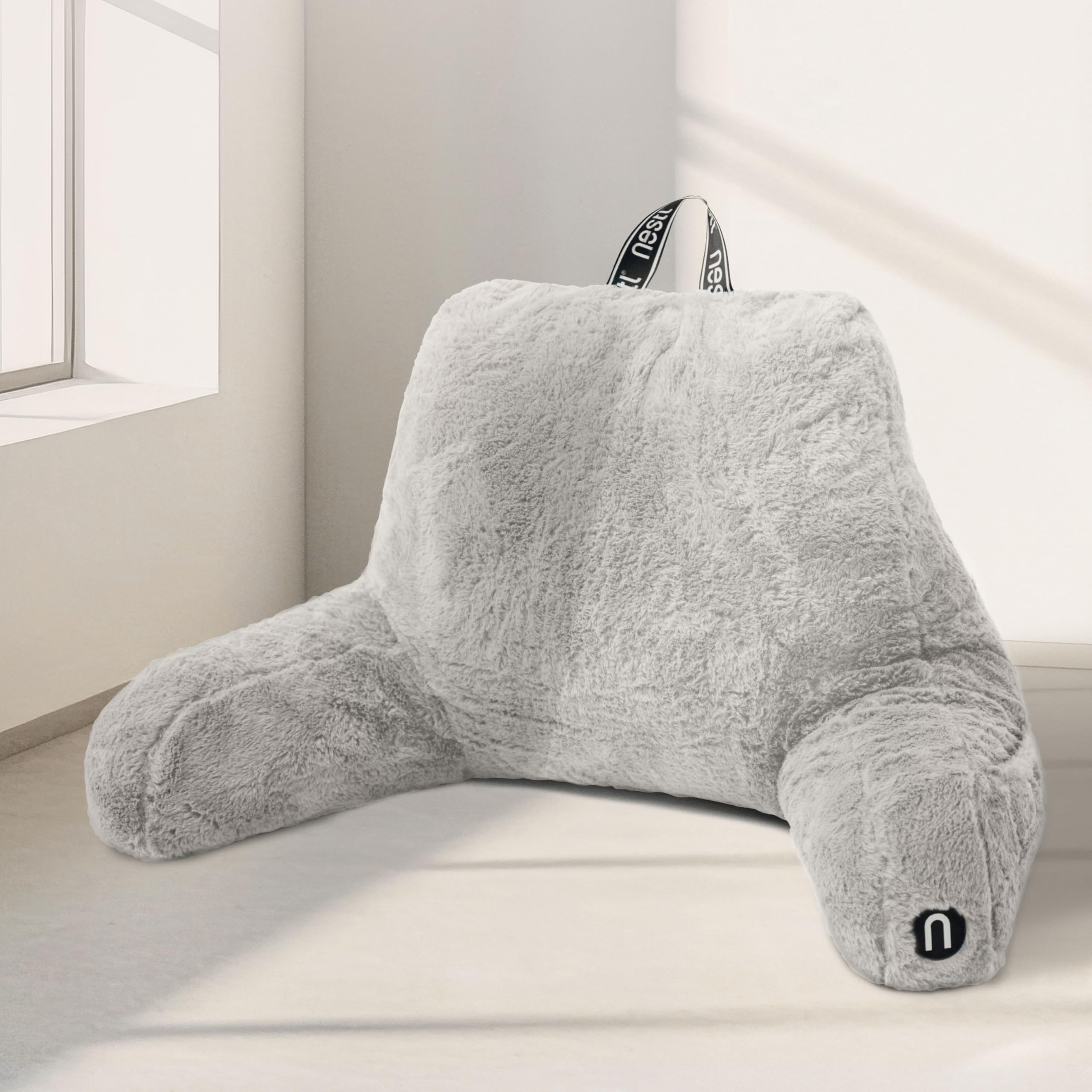 Nestl Fur Reading Pillow, Stylish Back Pillow for Bed Sitting Up, Faux Fur Bed Chair Pillow with Arms, Reading Pillows for Sitting in Bed Adult & Kids, Sit Up Back Support Pillow for Bed Rest - Linen