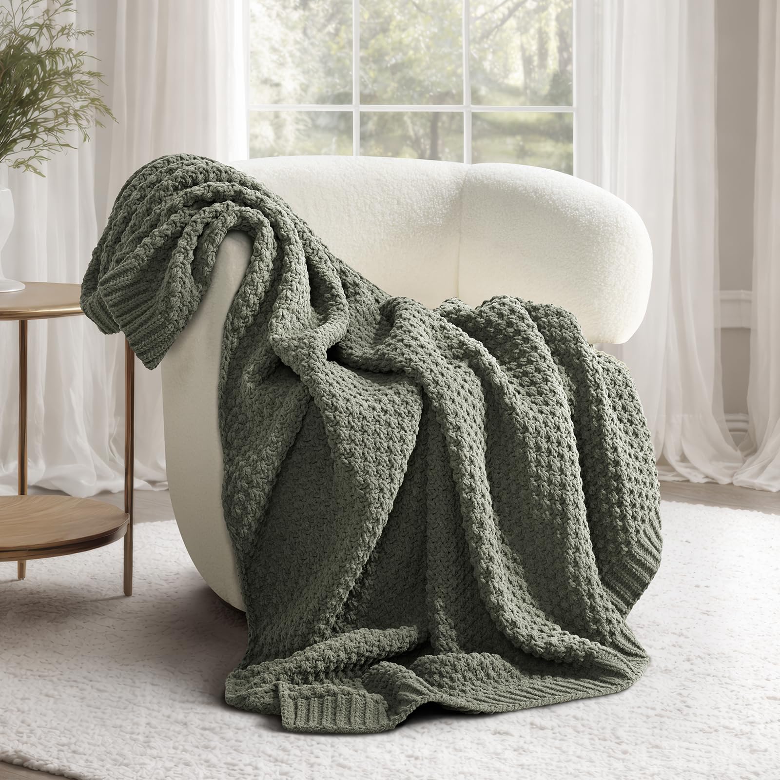 EVERGRACEHOME Chunky Chenille Knit Throw Blanket for Couch, Soft Luxurious Moss Stitch Blankets for Bed, Cozy Decorative Farmhouse Knitted Throws for Sofa, Stormy Blue, 60" x 80"