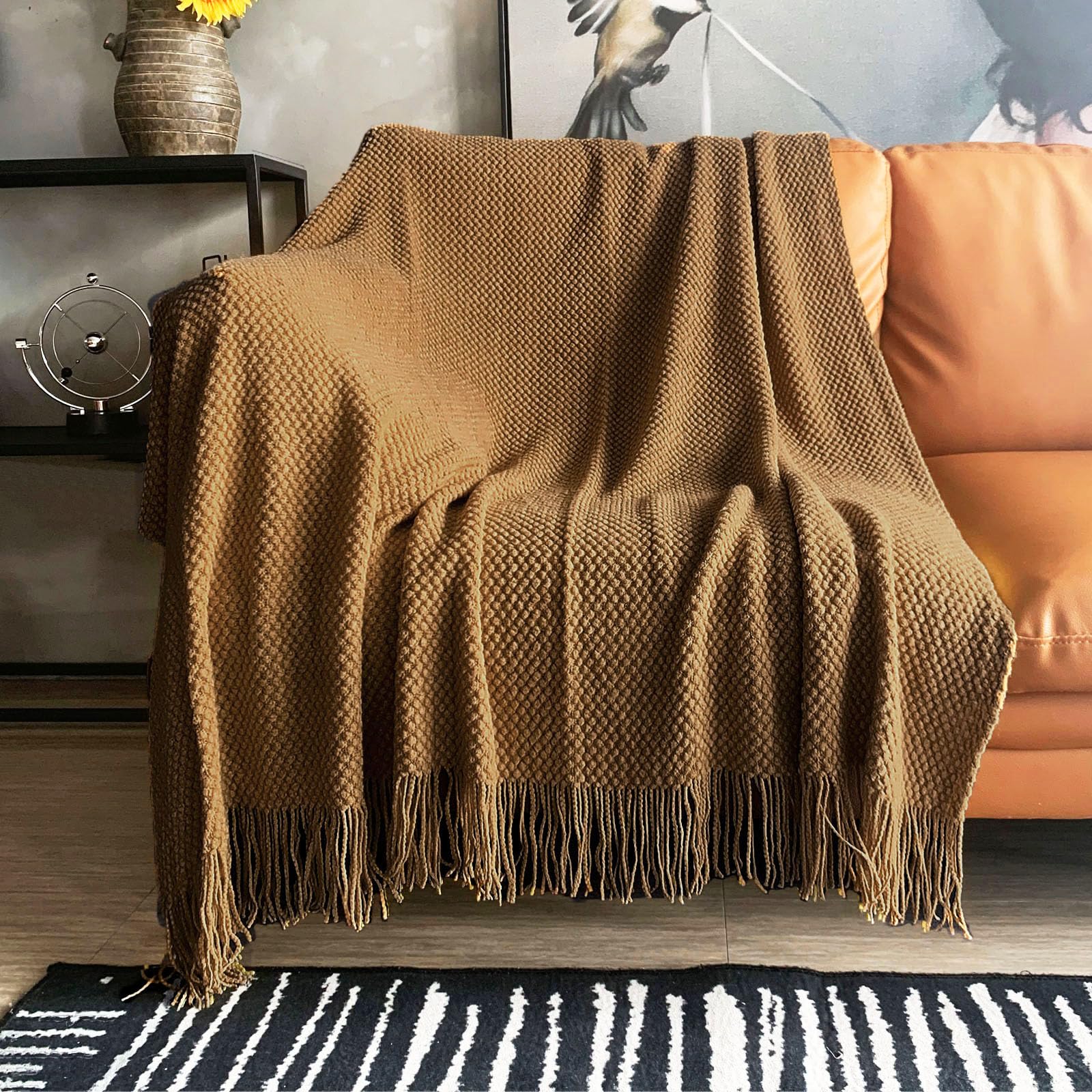 LOMAO Knitted Throw Blanket with Tassels Bubble Textured Lightweight Throws for Couch Cover Home Decor (Cream, 60x80)