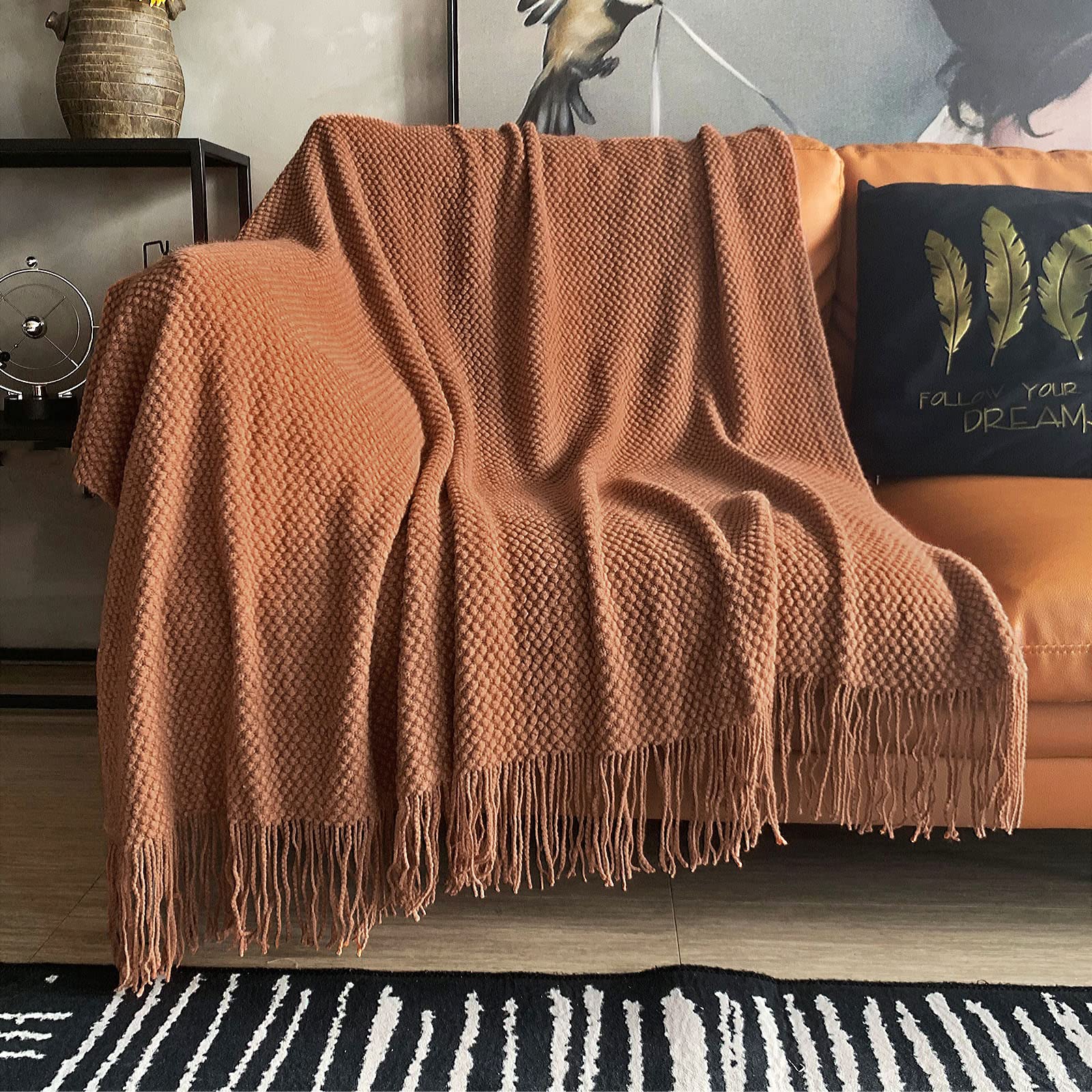 LOMAO Knitted Throw Blanket with Tassels Bubble Textured Lightweight Throws for Couch Cover Home Decor (Cream, 60x80)