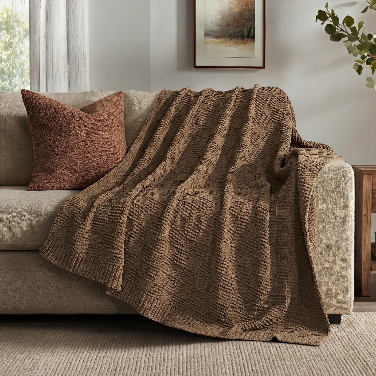 EVERGRACEHOME Chunky Chenille Knit Throw Blanket for Couch, Soft Luxurious Moss Stitch Blankets for Bed, Cozy Decorative Farmhouse Knitted Throws for Sofa, Stormy Blue, 60" x 80"