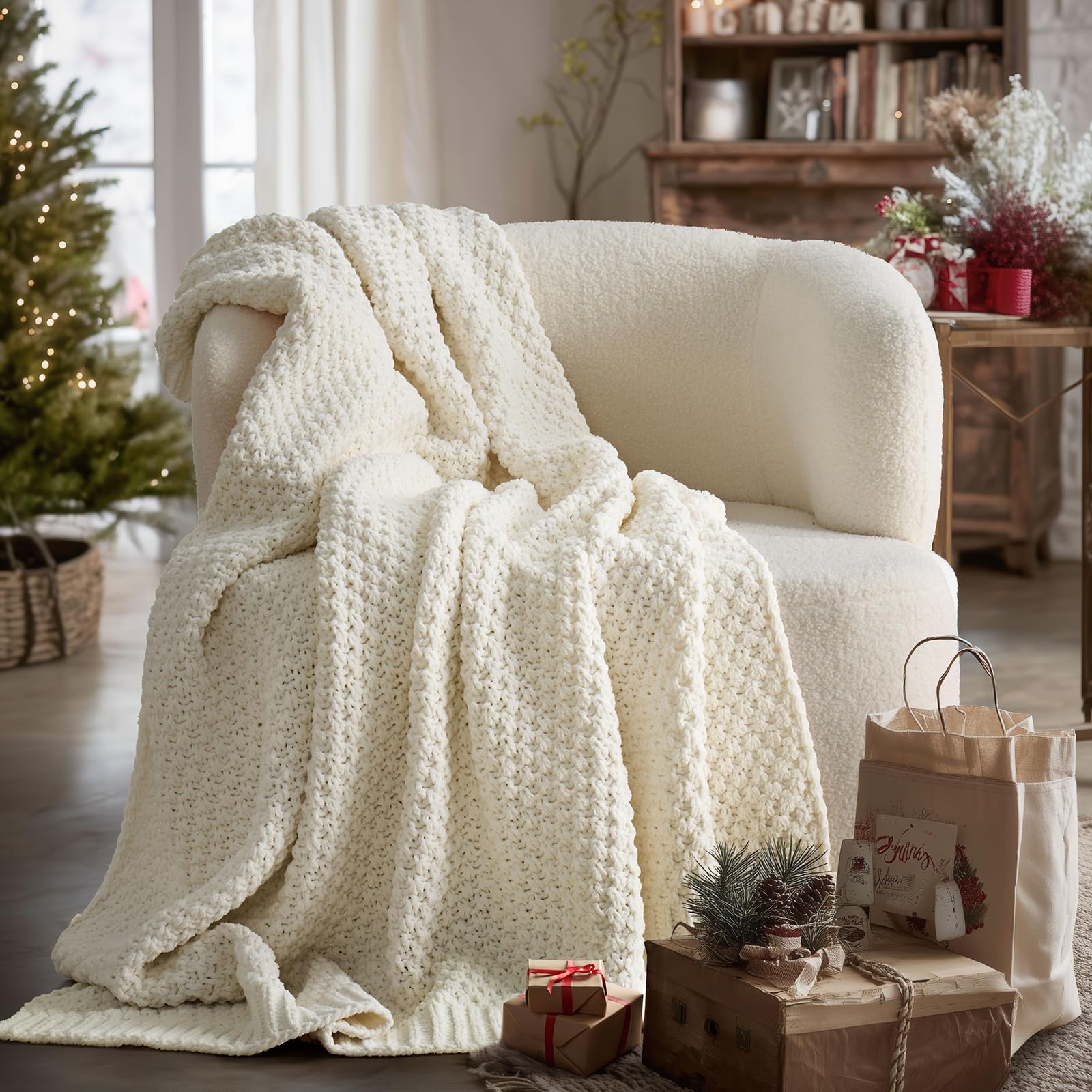 EVERGRACEHOME Chunky Chenille Knit Throw Blanket for Couch, Soft Luxurious Moss Stitch Blankets for Bed, Cozy Decorative Farmhouse Knitted Throws for Sofa, Stormy Blue, 60" x 80"
