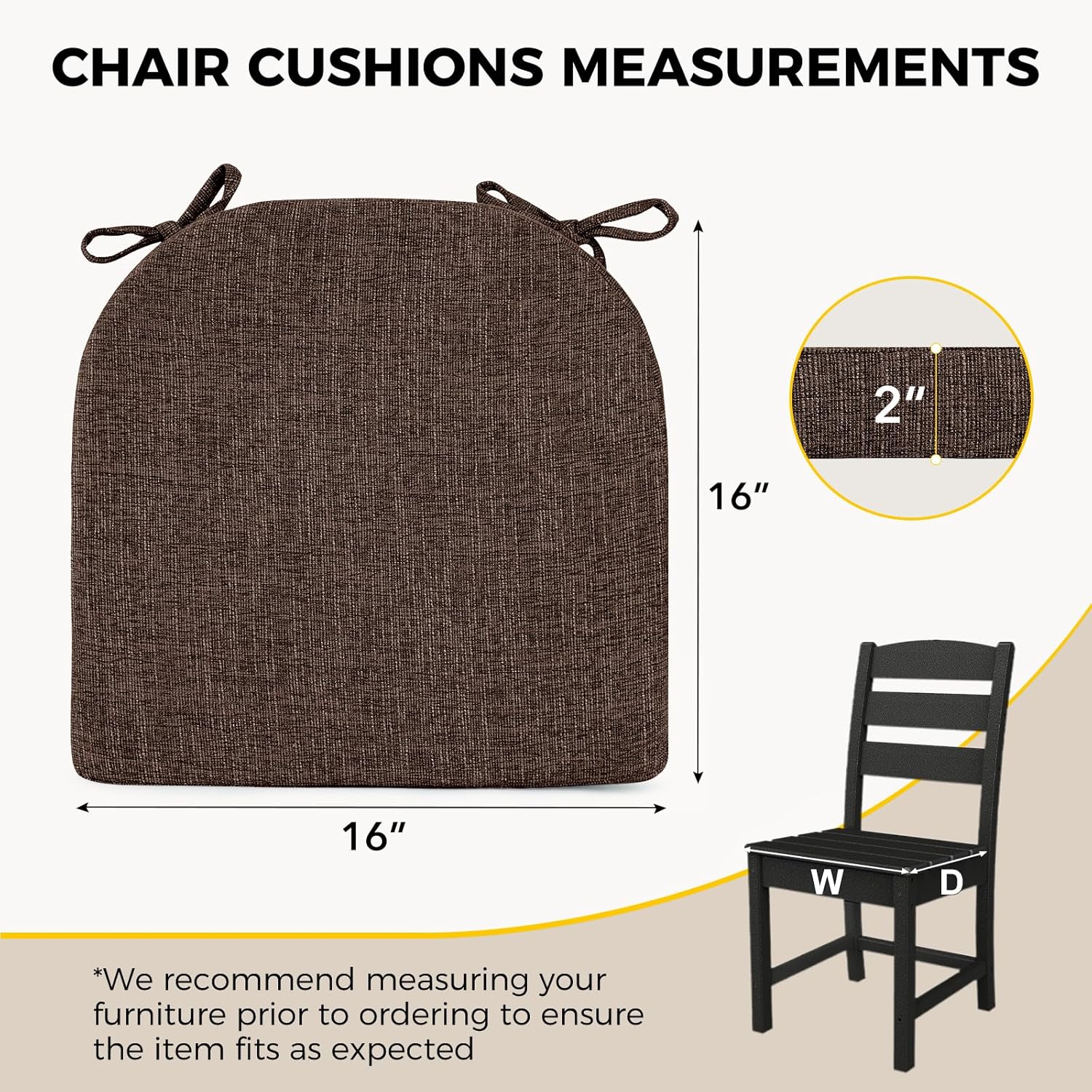 downluxe Indoor Chair Cushions for Dining Chairs, Soft and Comfortable Textured Foam Kitchen Chair Pads with Ties and Non-Slip Backing, 16" x 16" x 2", Brown, 4 Pack