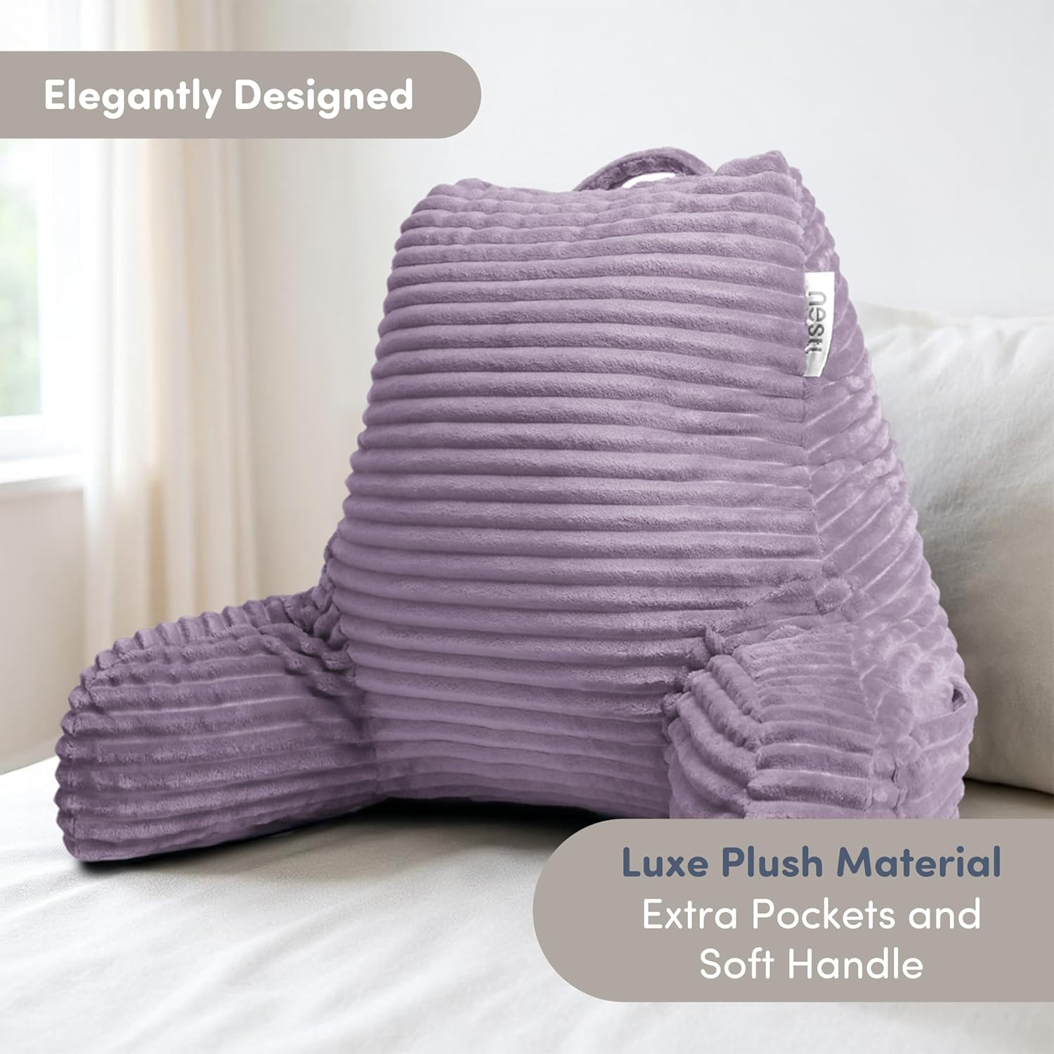 Nestl Reading Pillow with Shredded Memory Foam, Cut Plush Back Pillow for Sitting Up in Bed with Matching Throw Blanket, Back and Arms Adjustable Support for Adult&Teens, Backrest Pillows Dusty Purple