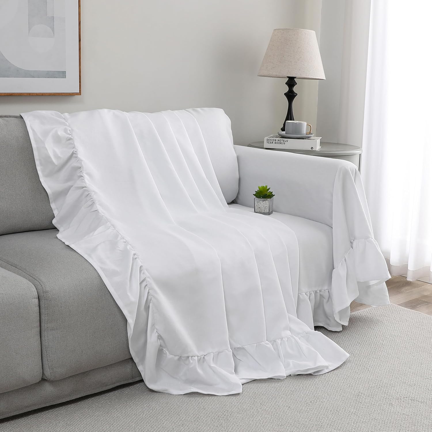 Rustic Linen Sofa Cover with Tie Strings, Full Couch Protector Durable Throw Slipcover Ruffled Edge (White, Large Sofa)