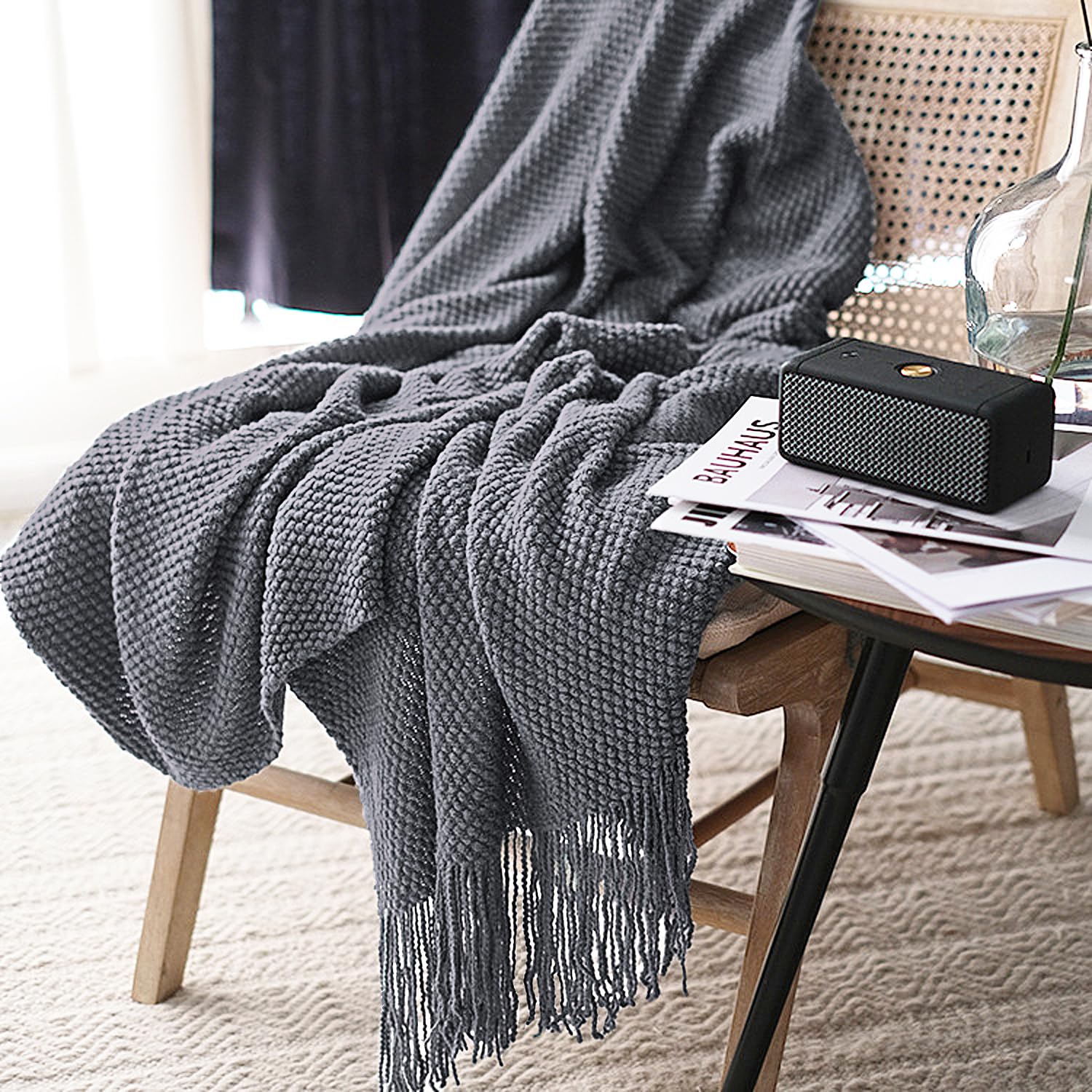 LOMAO Knitted Throw Blanket with Tassels Bubble Textured Lightweight Throws for Couch Cover Home Decor (Cream, 60x80)