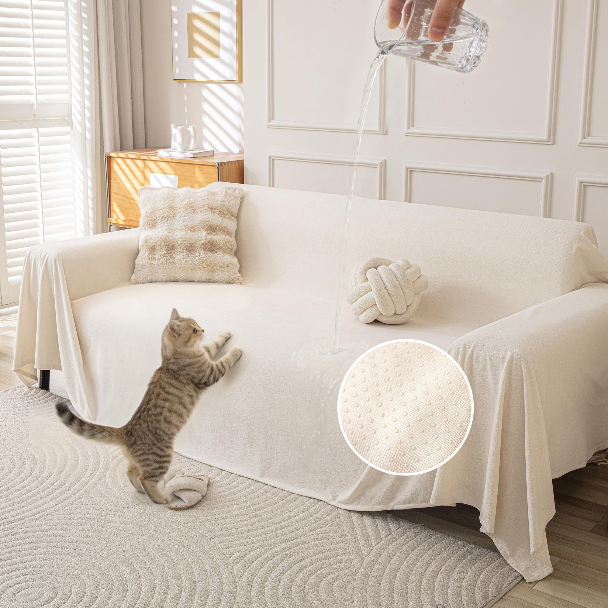 Waterproof Couch Covers for 3 Cushion, Non Slip Cat-Scratch Resistant Sofa Couch Covers for Dogs, Pet Friendly Couch Protectors Slipcovers, Washable Furniture Covers for Pets, 71" x 118",Ivory