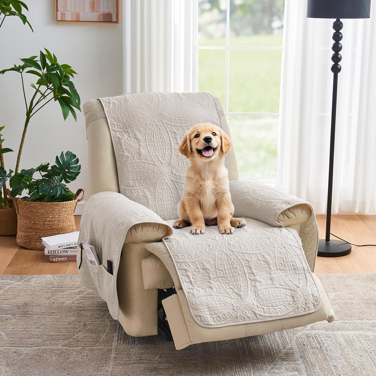 Quilted Sofa Slipcovers with Pockets, Anti-Slip Medallion Designed Couch Covers for 3 Cushion Sofa, Couch Cover for Dogs Cats Water-Repellent Machine Washable (Large Sofa 68", Ivory White)