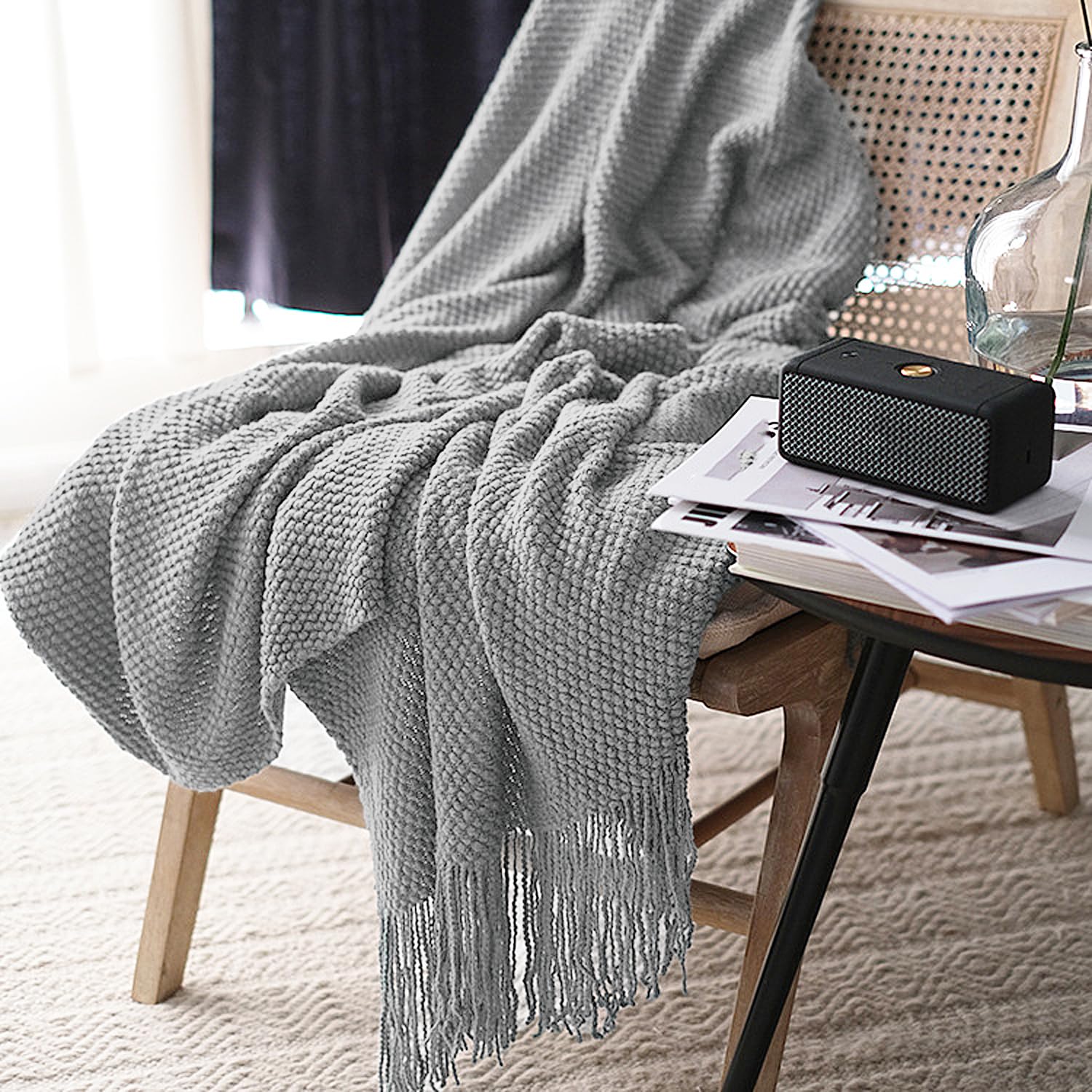 LOMAO Knitted Throw Blanket with Tassels Bubble Textured Lightweight Throws for Couch Cover Home Decor (Cream, 60x80)