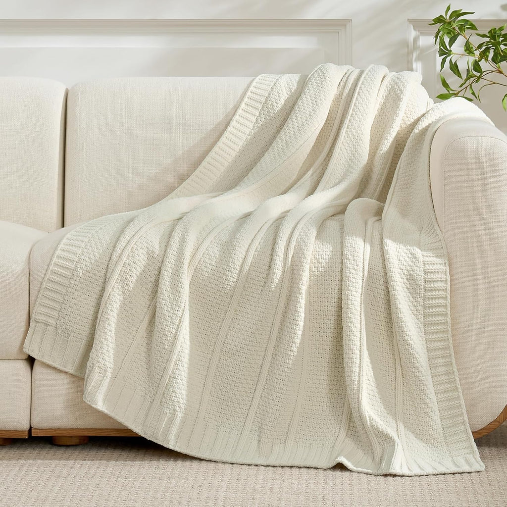 Amélie Home Premium Chenille Throw Blanket, Soft Cozy Moss Stitch Knit Blanket for Couch, Sofa, Chair, Home Decor, Cream White 50"x60"