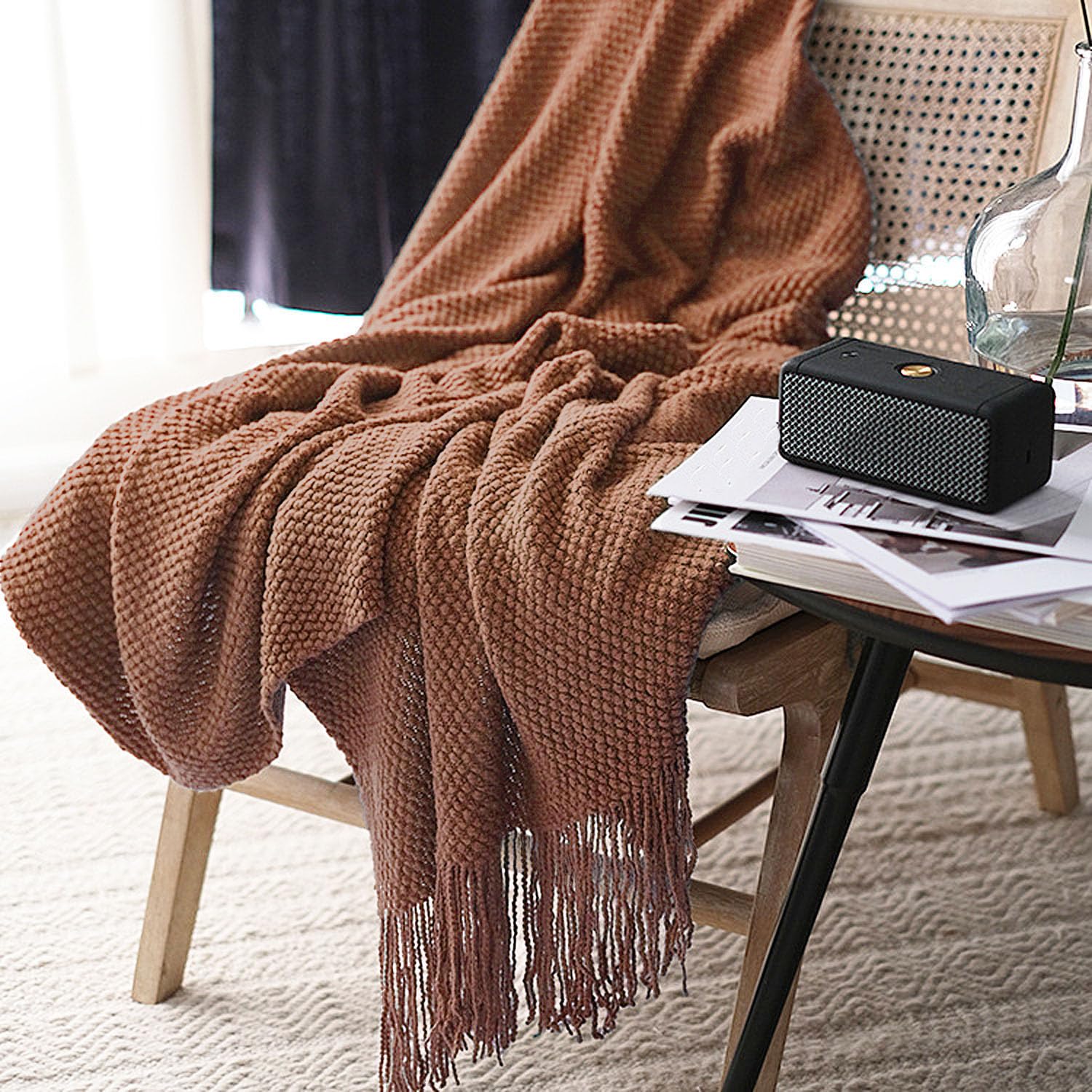 LOMAO Knitted Throw Blanket with Tassels Bubble Textured Lightweight Throws for Couch Cover Home Decor (Cream, 60x80)