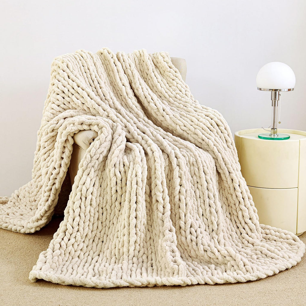 51"×63" Ivory Hand Knit Chenille Chunky Knit Throw Blanket for Sofa Decor