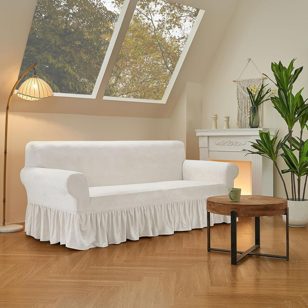 NICEEC Sofa Cover Super Soft 1-Piece White Sofa Slipcover for Sofas Stretch Universal Spandex Couch Covers for Living Room Easy Fit Washable Furniture Sofa Protector with Skirt