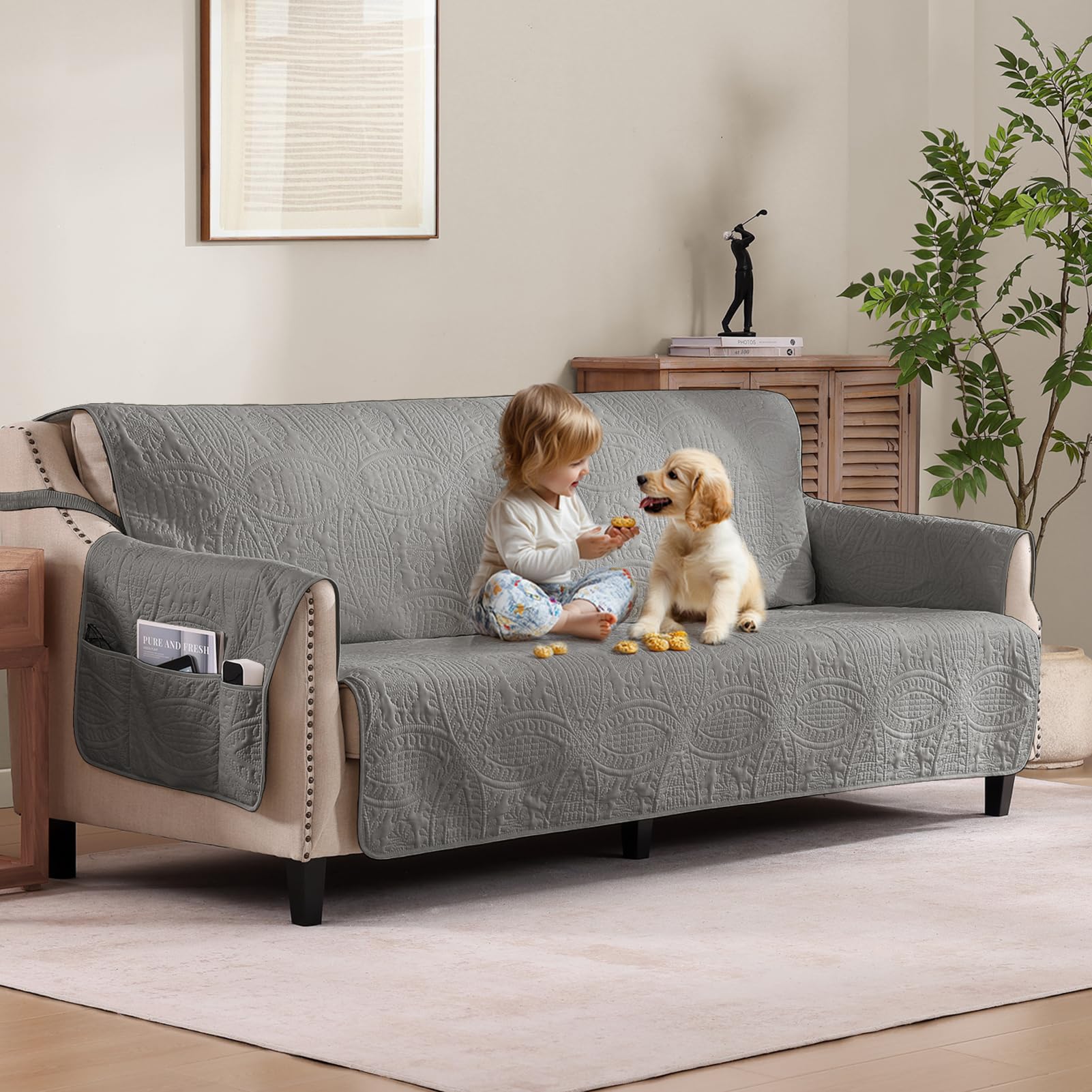 Quilted Sofa Slipcovers with Pockets, Anti-Slip Medallion Designed Couch Covers for 3 Cushion Sofa, Couch Cover for Dogs Cats Water-Repellent Machine Washable (Large Sofa 68", Ivory White)