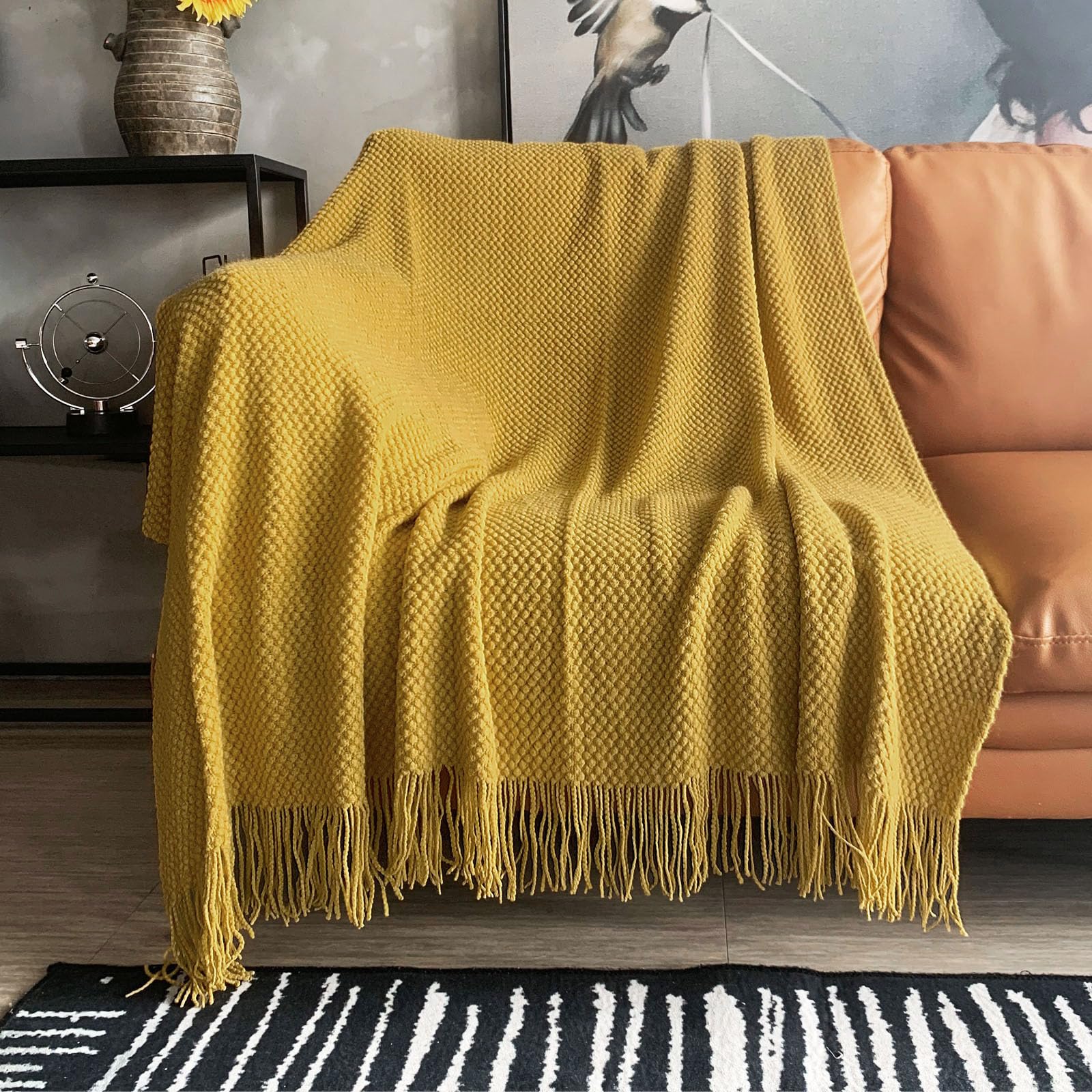 LOMAO Knitted Throw Blanket with Tassels Bubble Textured Lightweight Throws for Couch Cover Home Decor (Cream, 60x80)