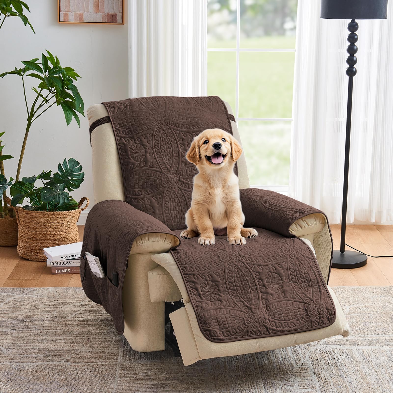Quilted Sofa Slipcovers with Pockets, Anti-Slip Medallion Designed Couch Covers for 3 Cushion Sofa, Couch Cover for Dogs Cats Water-Repellent Machine Washable (Large Sofa 68", Ivory White)