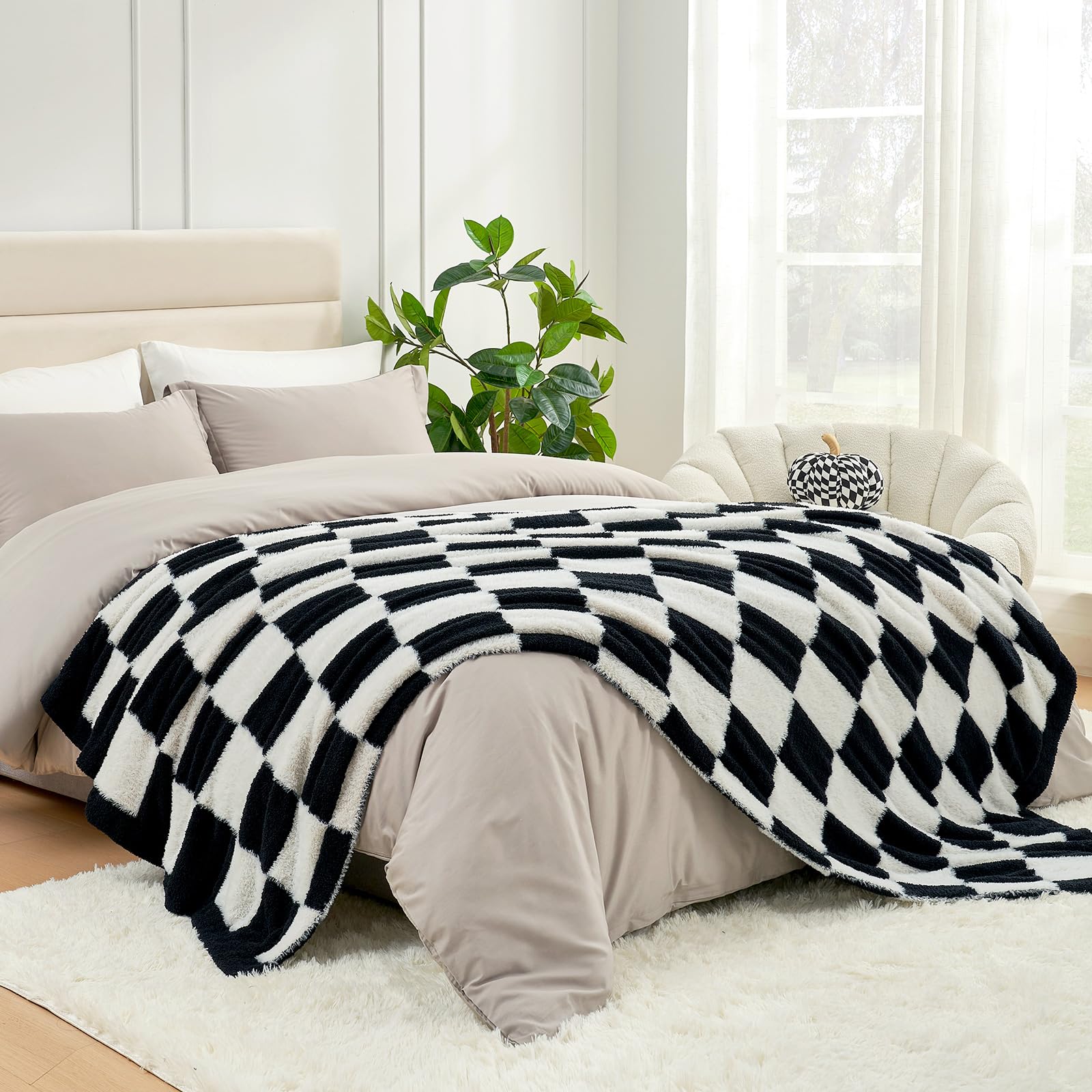 Snuggle Sac Sage Green Checkered Throw Blanket Faux Fur Knitted with Microfiber Yarn, Cozy Soft Warm Spring Blankets for Couch,Sofa,Bedroom,Sage Green Checker,50x60 inches