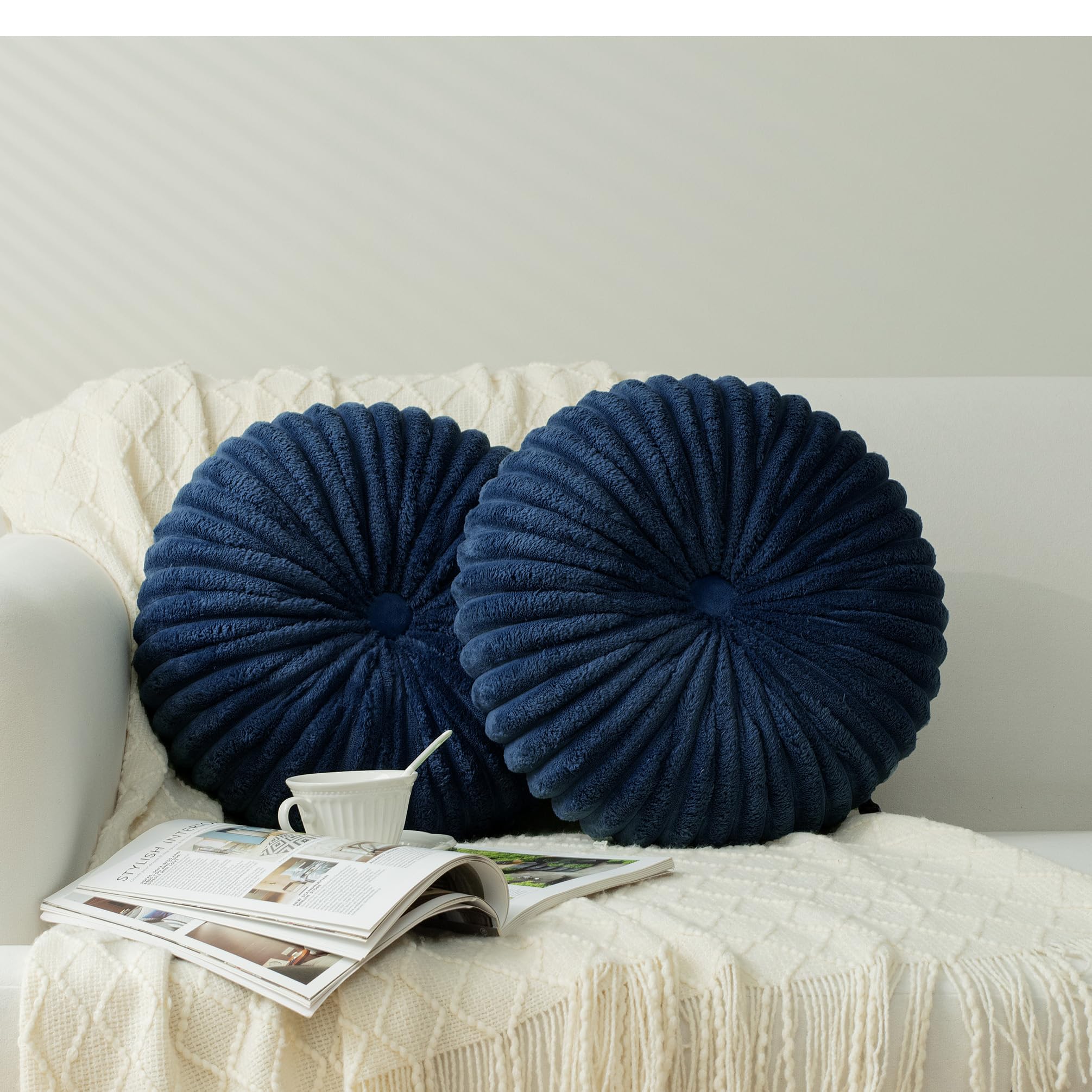 HIG Decorative Round Throw Pillows for Bed Couch -Set of 2 Handcraft Ruched Pumpkin Pillow, Soft and Durable Flannel Floor Pillow for Home Decor, Bed Living Room and Sofa (Dusty Rose,14.5"x14.5")