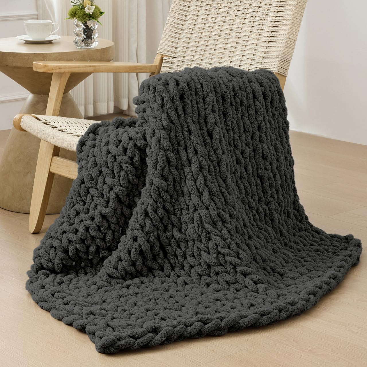 Bigacogo Chunky Knit Throw Blanket for Couch, 40x60 inches, 100% Hand Knitted with Thick Jumbo Chenille Yarn, Cozy Soft Large Rope Knot Cable Crochet Blankets for Sofa Bed Living Room, Beige
