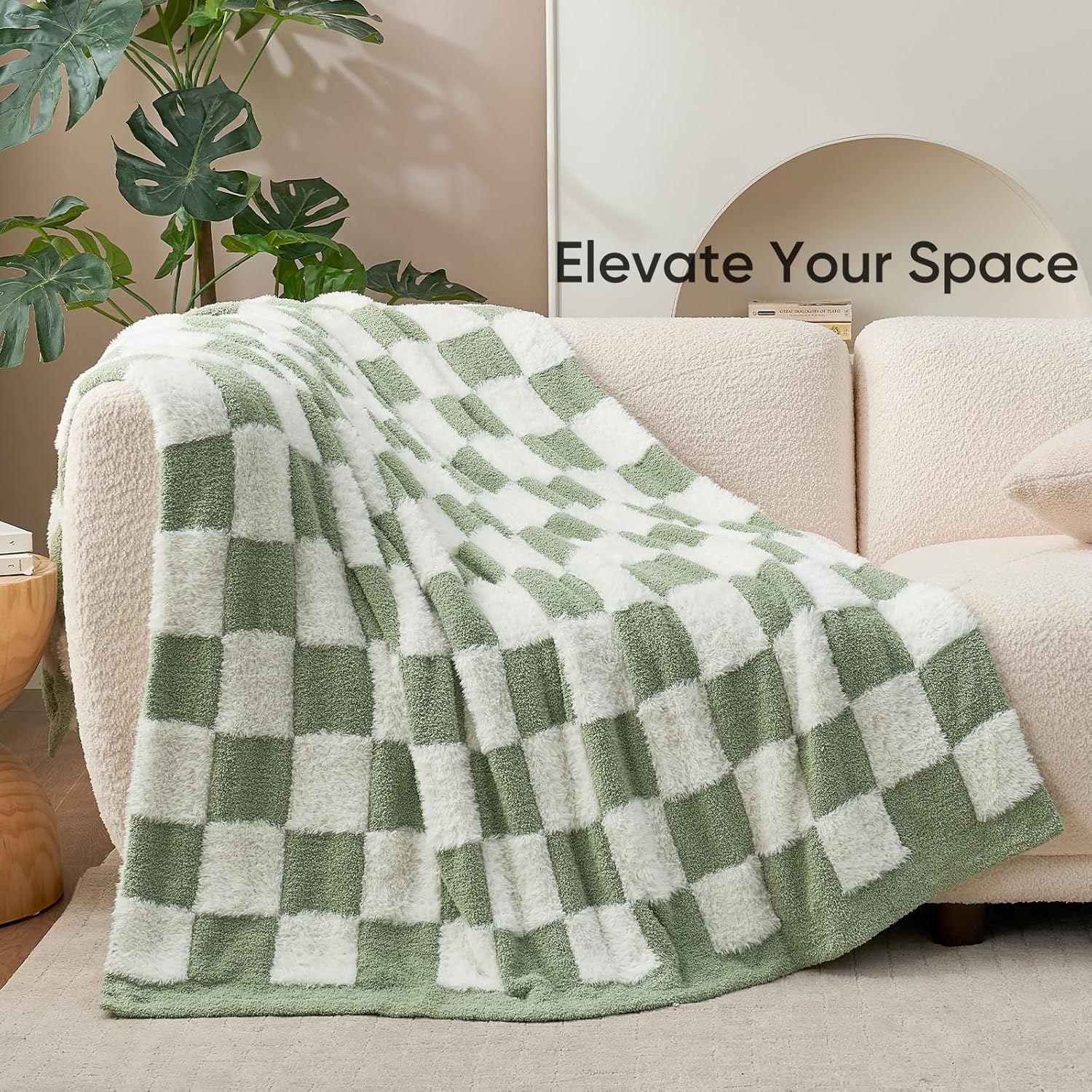 Snuggle Sac Sage Green Checkered Throw Blanket Faux Fur Knitted with Microfiber Yarn, Cozy Soft Warm Spring Blankets for Couch,Sofa,Bedroom,Sage Green Checker,50x60 inches
