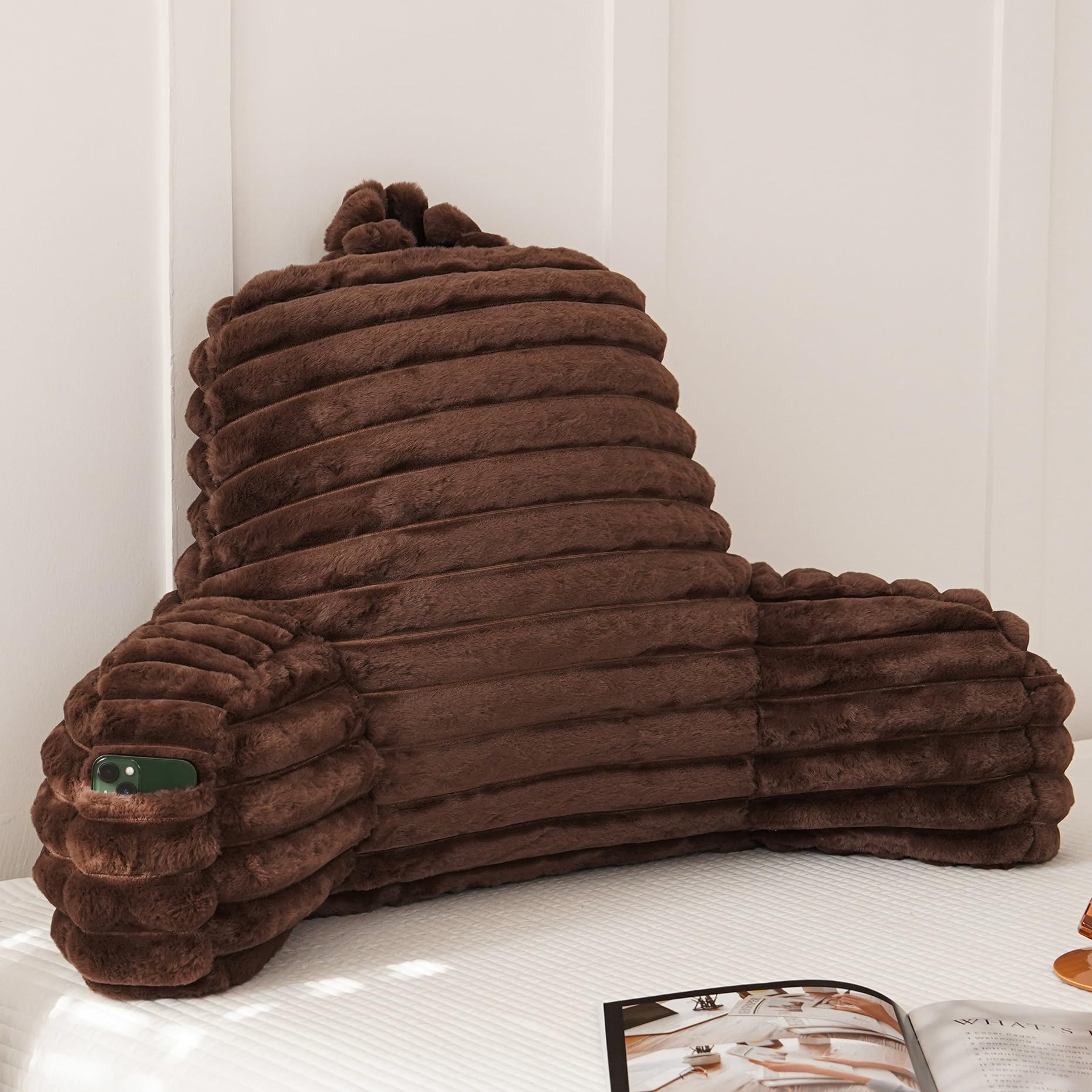 Fluffy Reading Pillow for Sitting in Bed, Large Backrest Bed Pillow with Arms, Back Support Pillow for Lounging Bedrest, Beige
